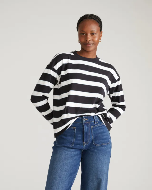 Long Sleeve Relaxed Tee - Black/White Stripe with Aqua Edge sold by Universal Standard