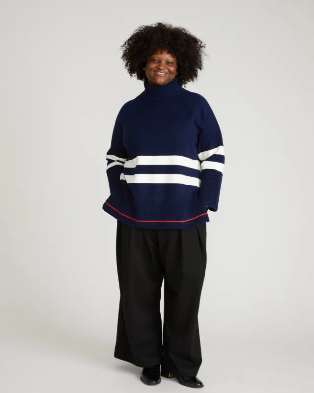 Better-Than-Wool Oversize Turtleneck Sweater - Navy/Cream Stripes with Red Hem sold by Universal Standard