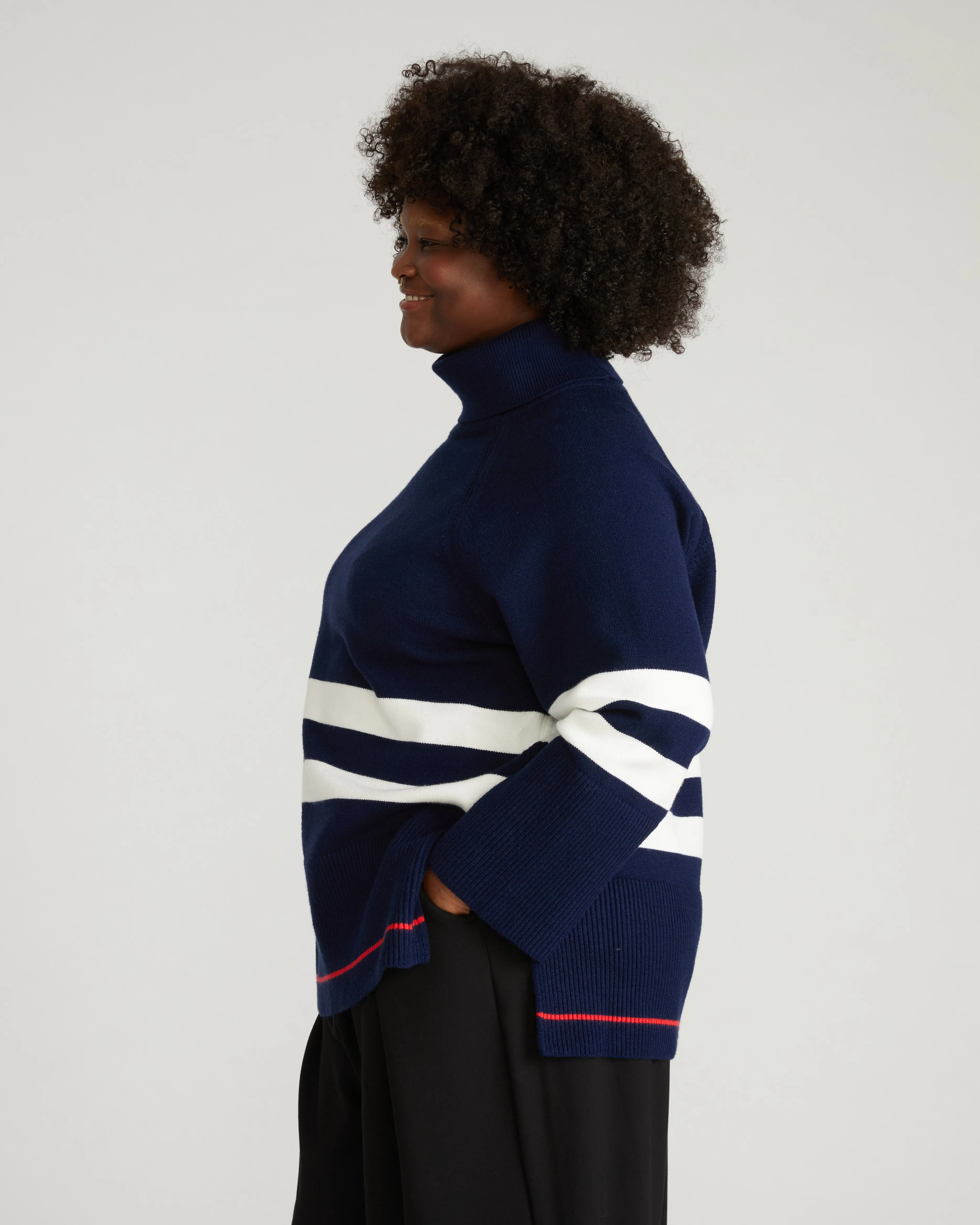 Better-Than-Wool Oversize Turtleneck Sweater - Navy/Cream Stripes with Red Hem sold by Universal Standard product image thumbnail 2