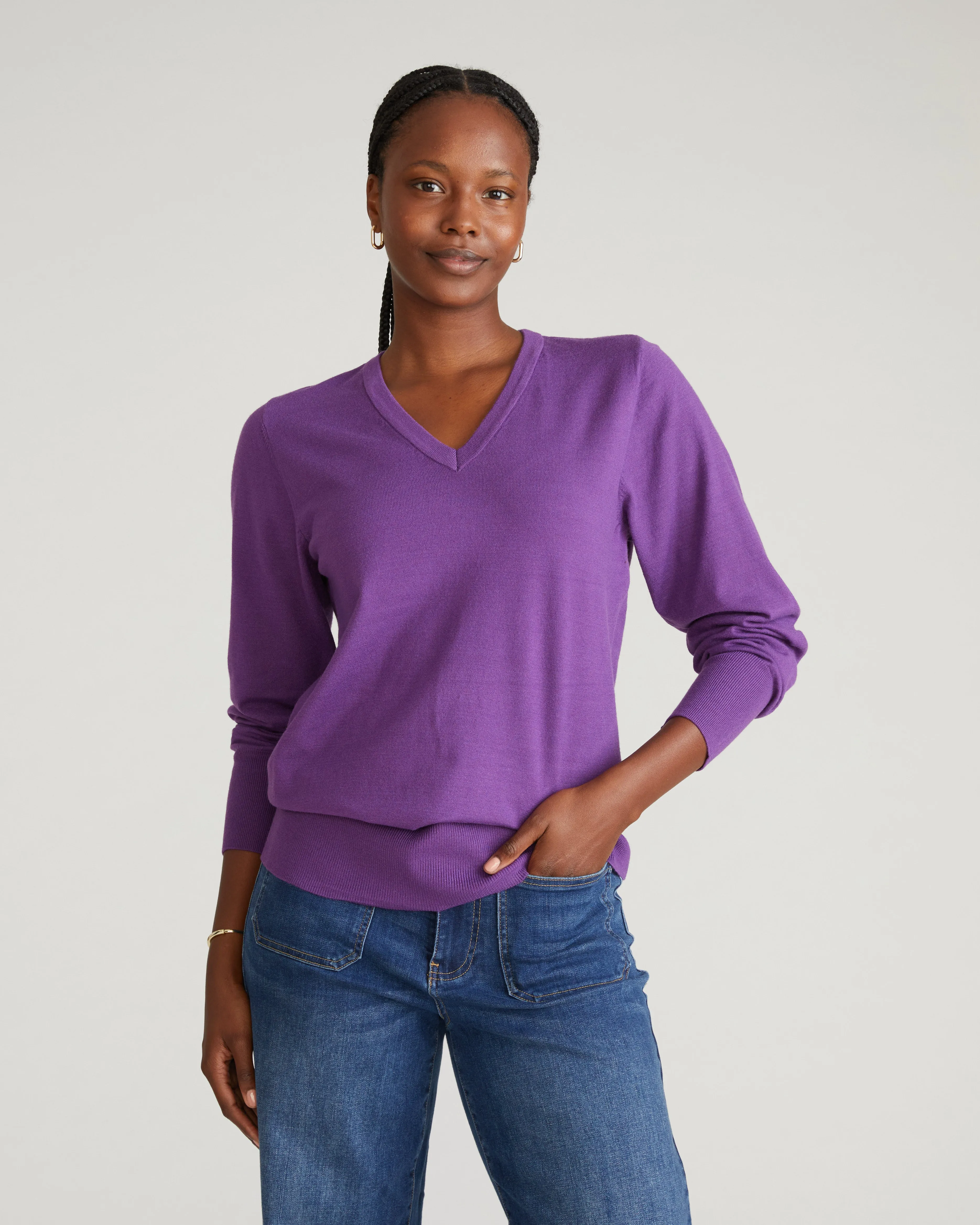 Savvy Fine Knit V Sweater - Grape sold by Universal Standard