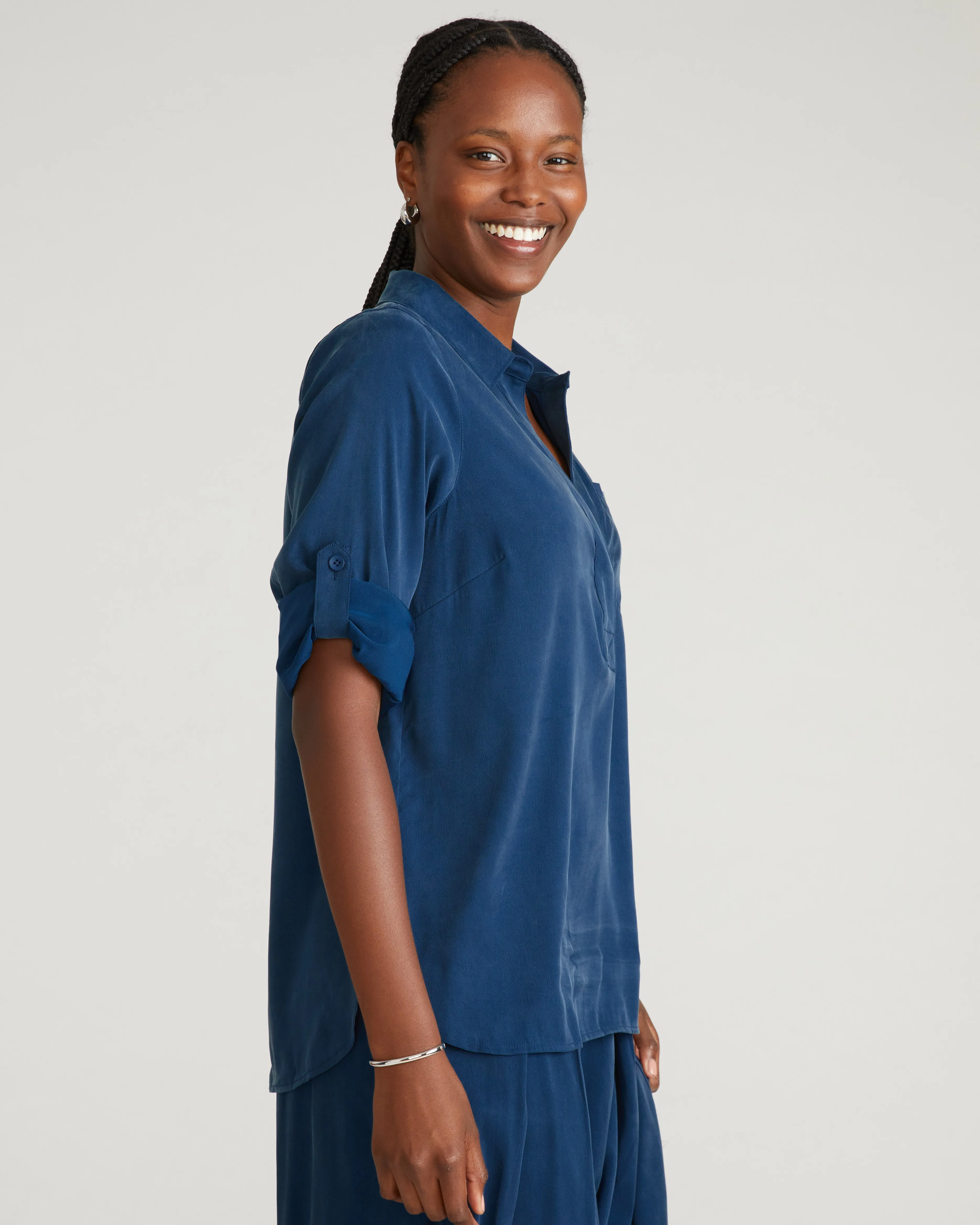 Button Back Stretch Cupro Polo Shirt - Pageant Blue sold by Universal Standard product image thumbnail 3