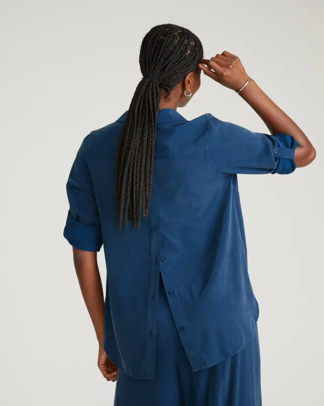 Button Back Stretch Cupro Polo Shirt - Pageant Blue sold by Universal Standard