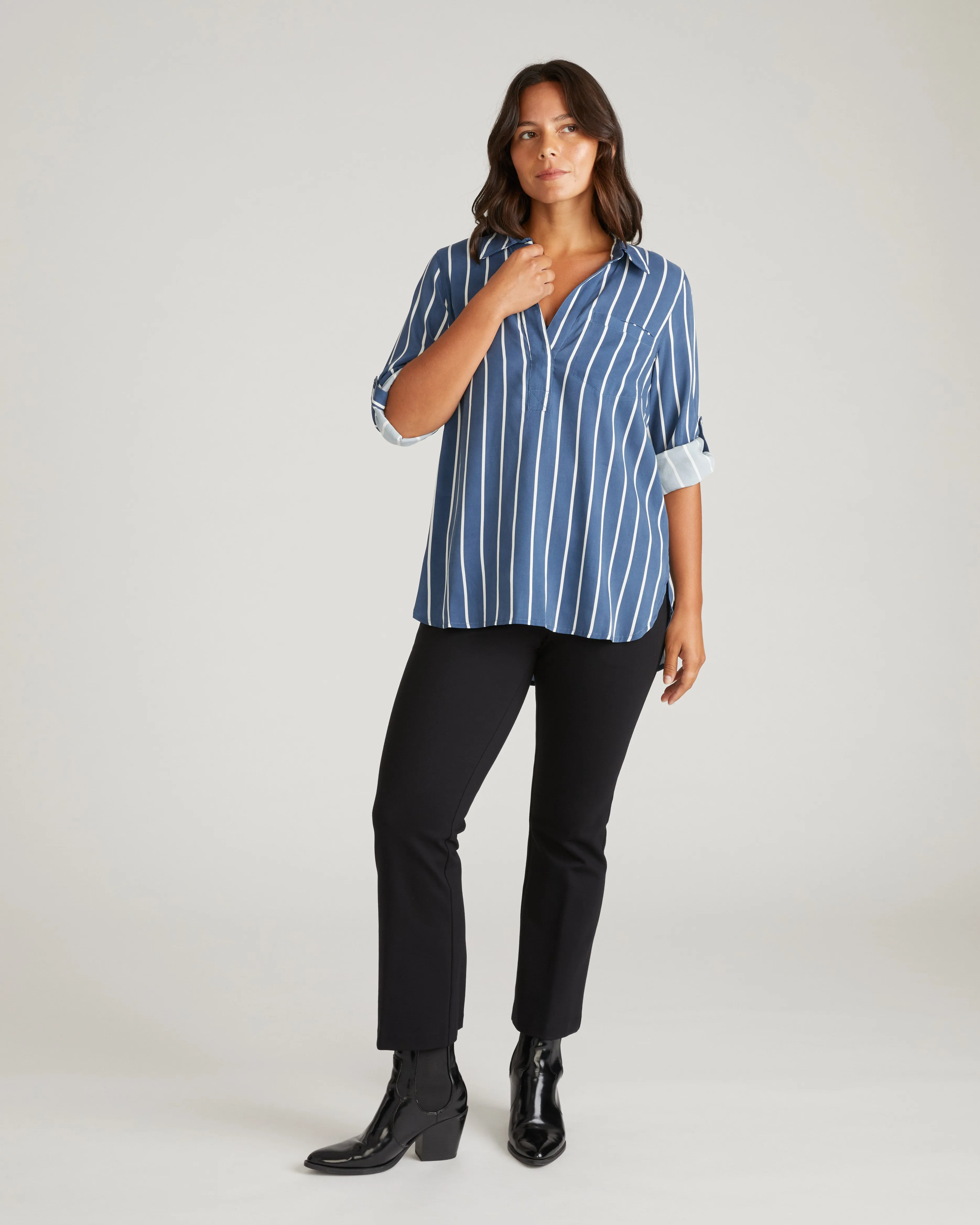 Button Back Stretch Cupro Polo Shirt - Ensign Blue/White Stripe sold by Universal Standard product image thumbnail 5