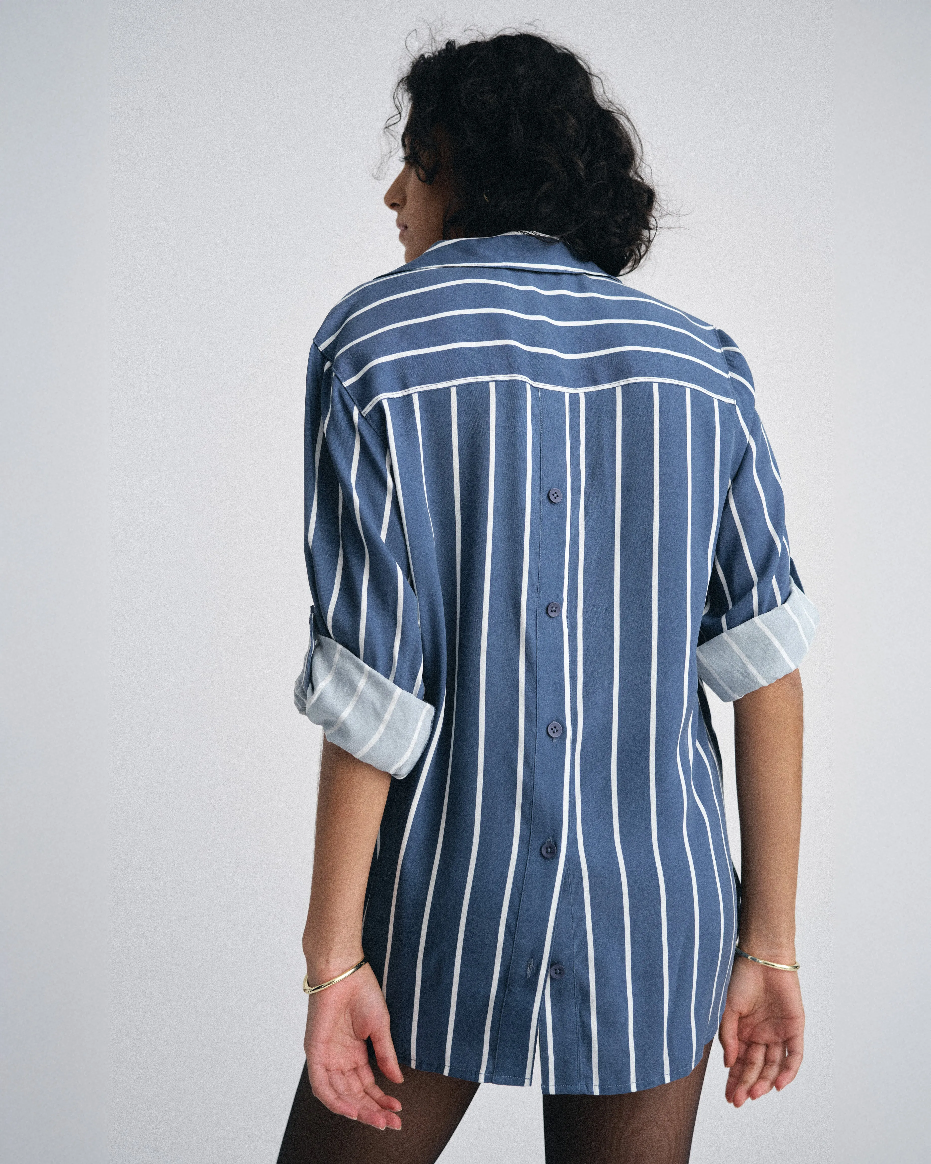 Button Back Stretch Cupro Polo Shirt - Ensign Blue/White Stripe sold by Universal Standard product image thumbnail 4