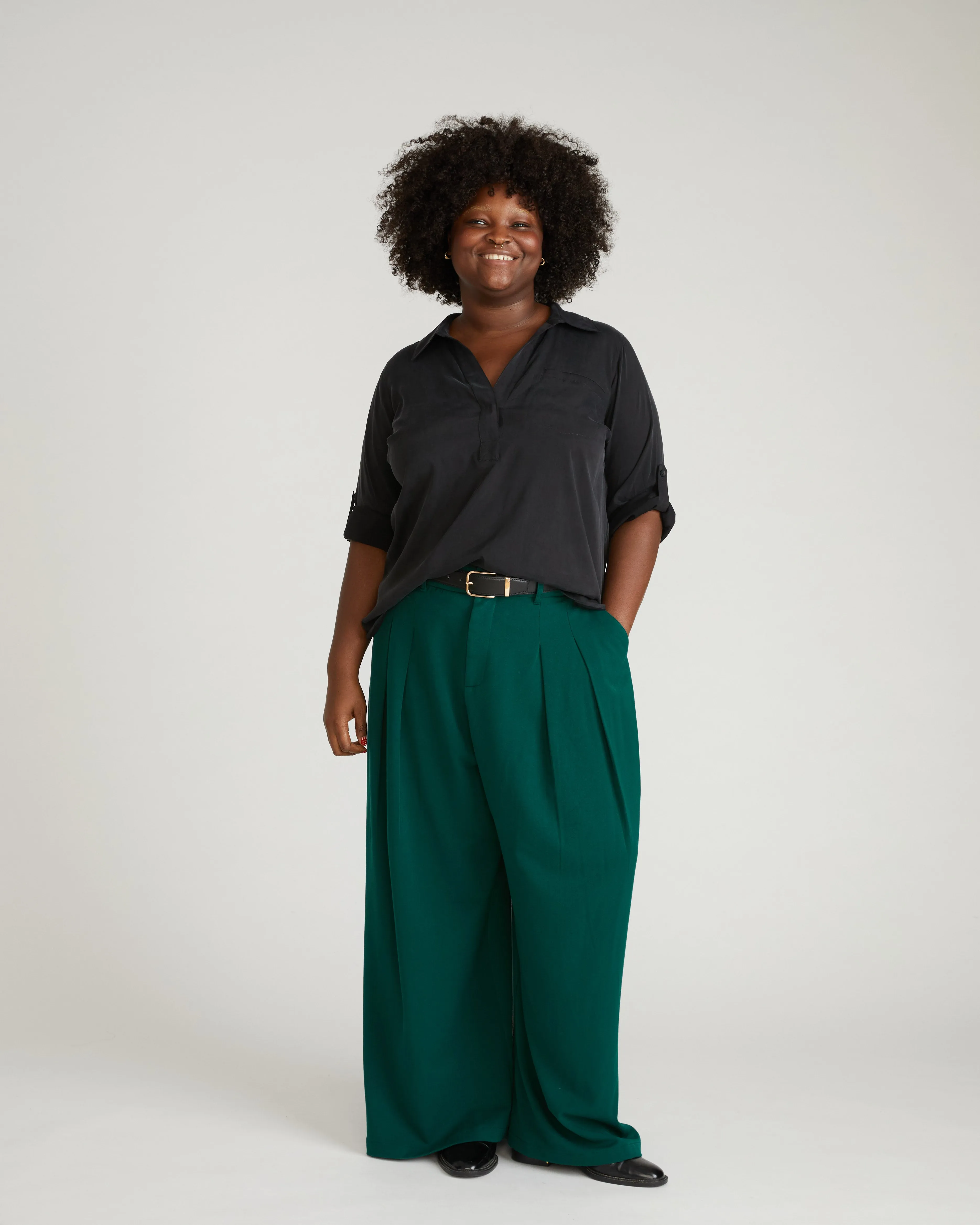 Button Back Stretch Cupro Polo Shirt - Black sold by Universal Standard