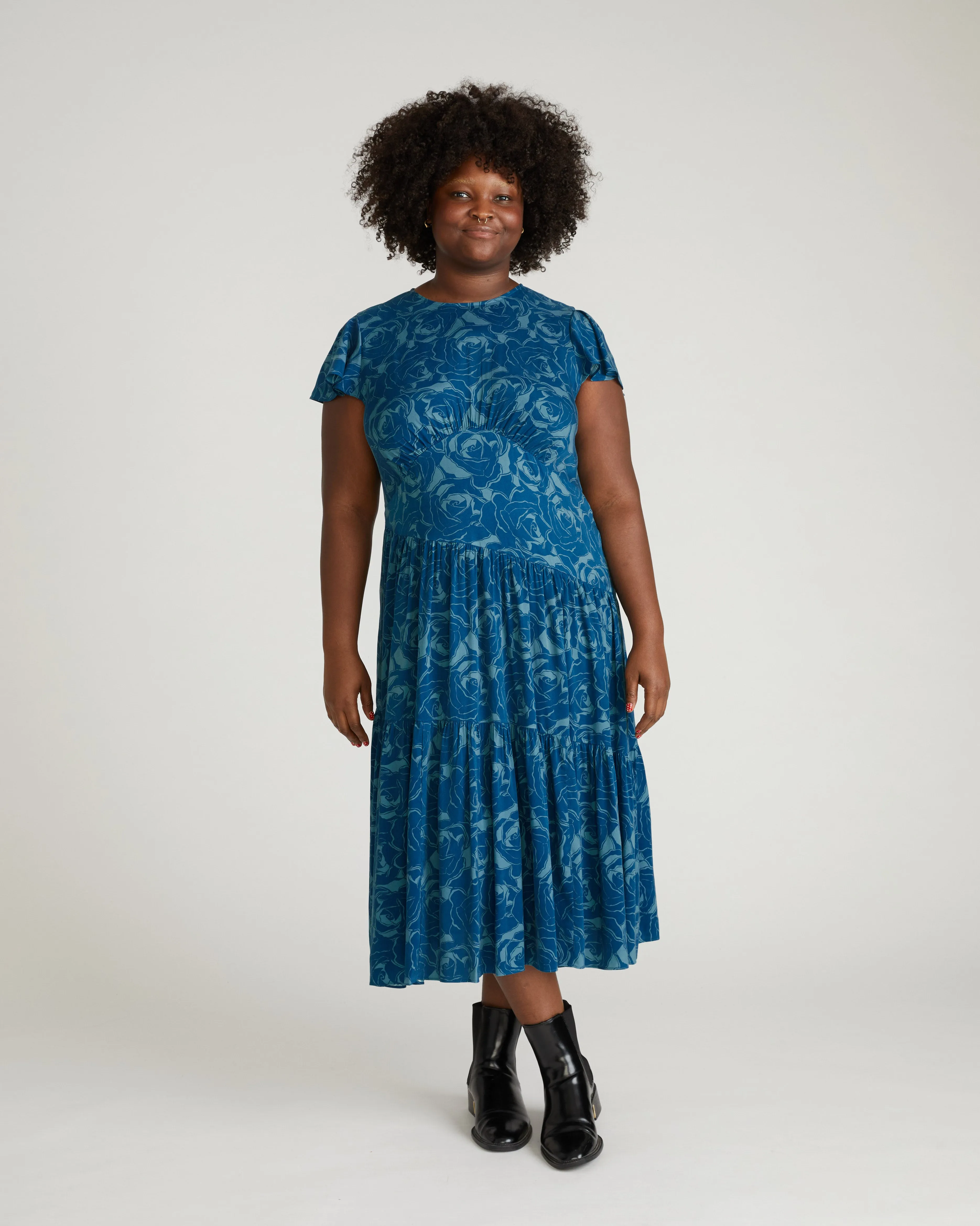 Mariella Stretch Cupro Dress - Rose Print in Deep Teal sold by Universal Standard product image thumbnail 4