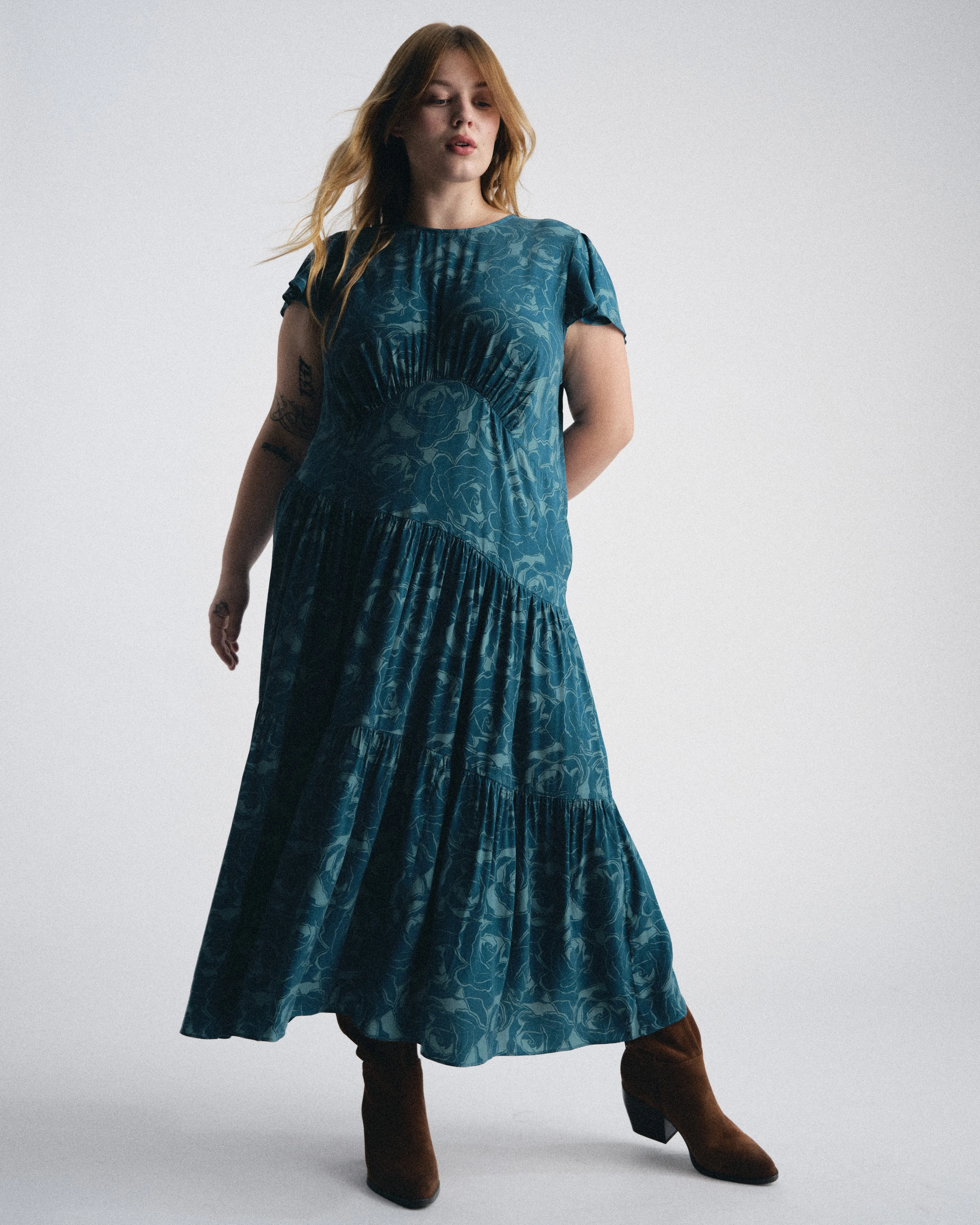 Mariella Stretch Cupro Dress - Rose Print in Deep Teal sold by Universal Standard product image thumbnail 2