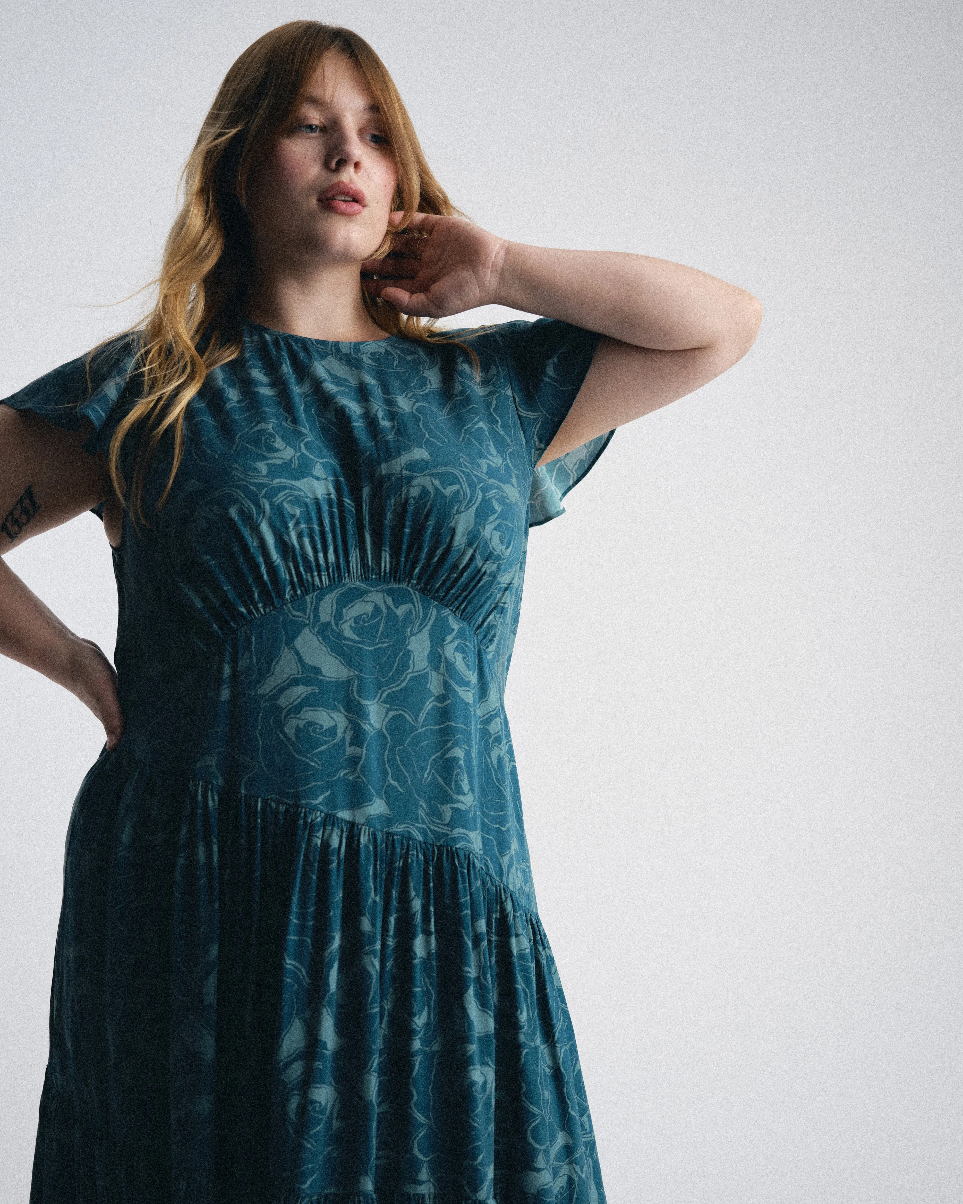 Mariella Stretch Cupro Dress - Rose Print in Deep Teal sold by Universal Standard product image thumbnail 3
