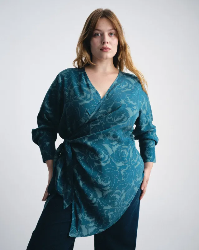Beacon Stretch Cupro Wrap Shirt - Rose Print in Deep Teal sold by Universal Standard
