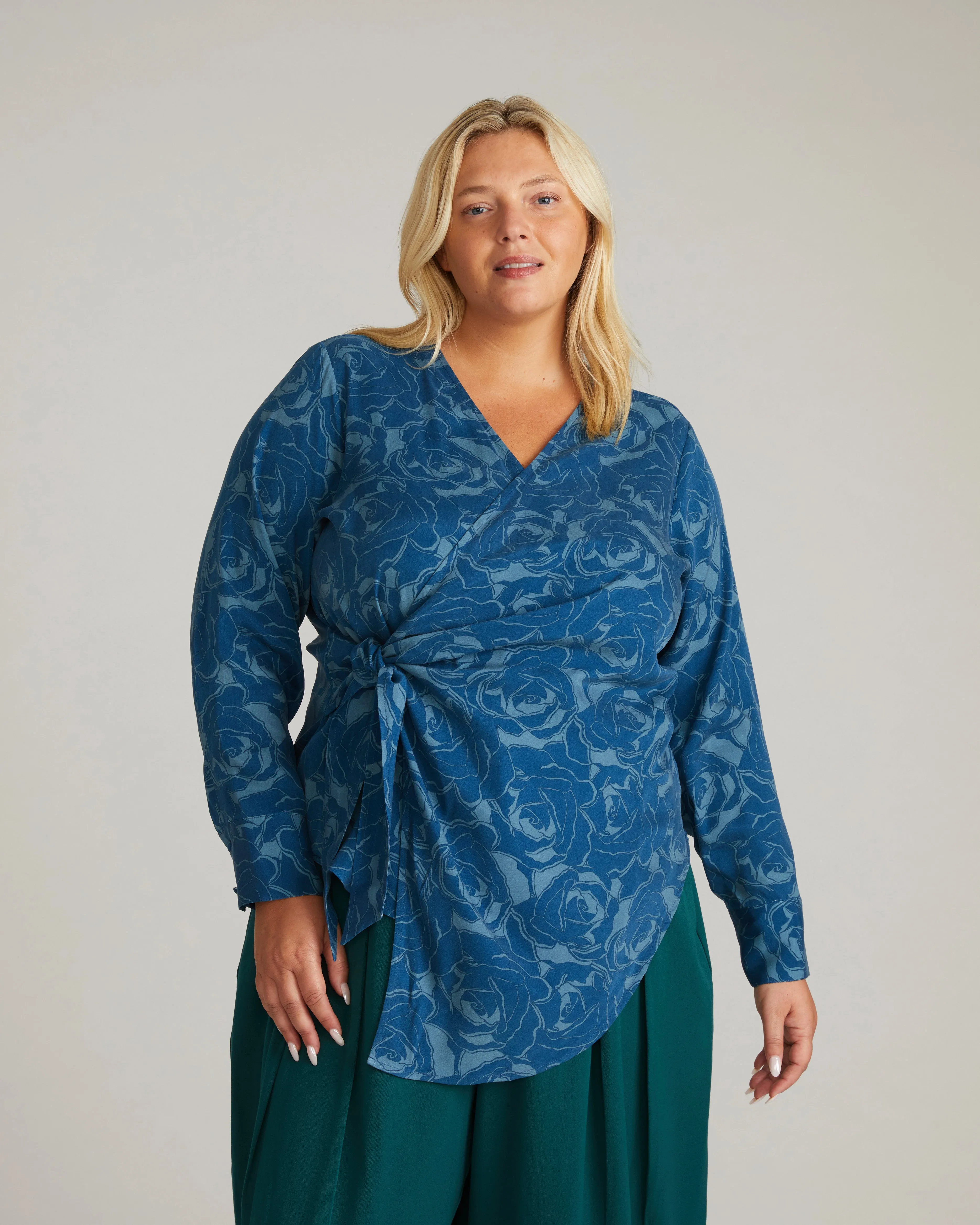 Beacon Stretch Cupro Wrap Shirt - Rose Print in Deep Teal sold by Universal Standard product image thumbnail 4