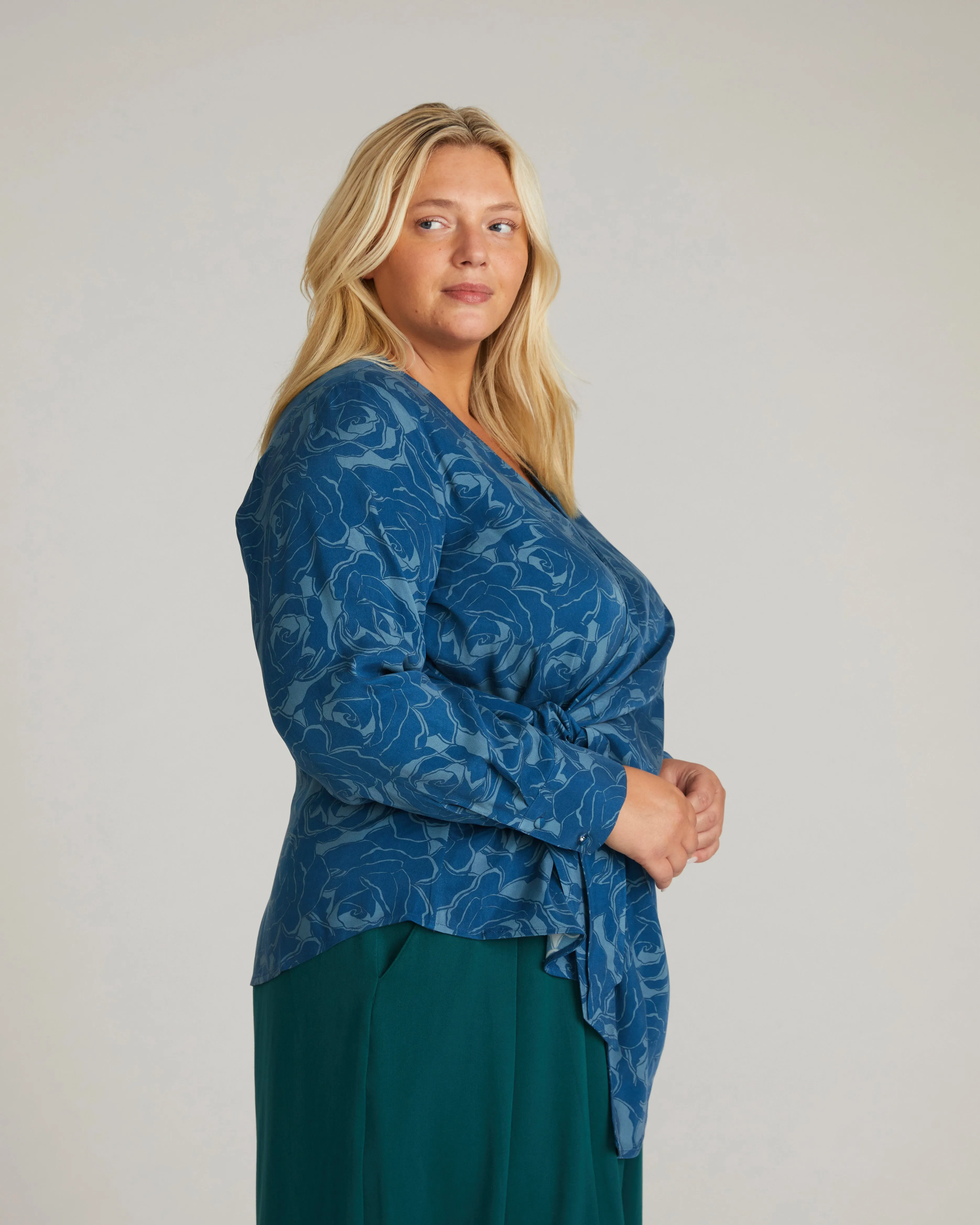 Beacon Stretch Cupro Wrap Shirt - Rose Print in Deep Teal sold by Universal Standard product image thumbnail 5