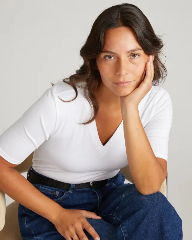 Maia Stovepipe Sleeve V Neck Tee - White sold by Universal Standard