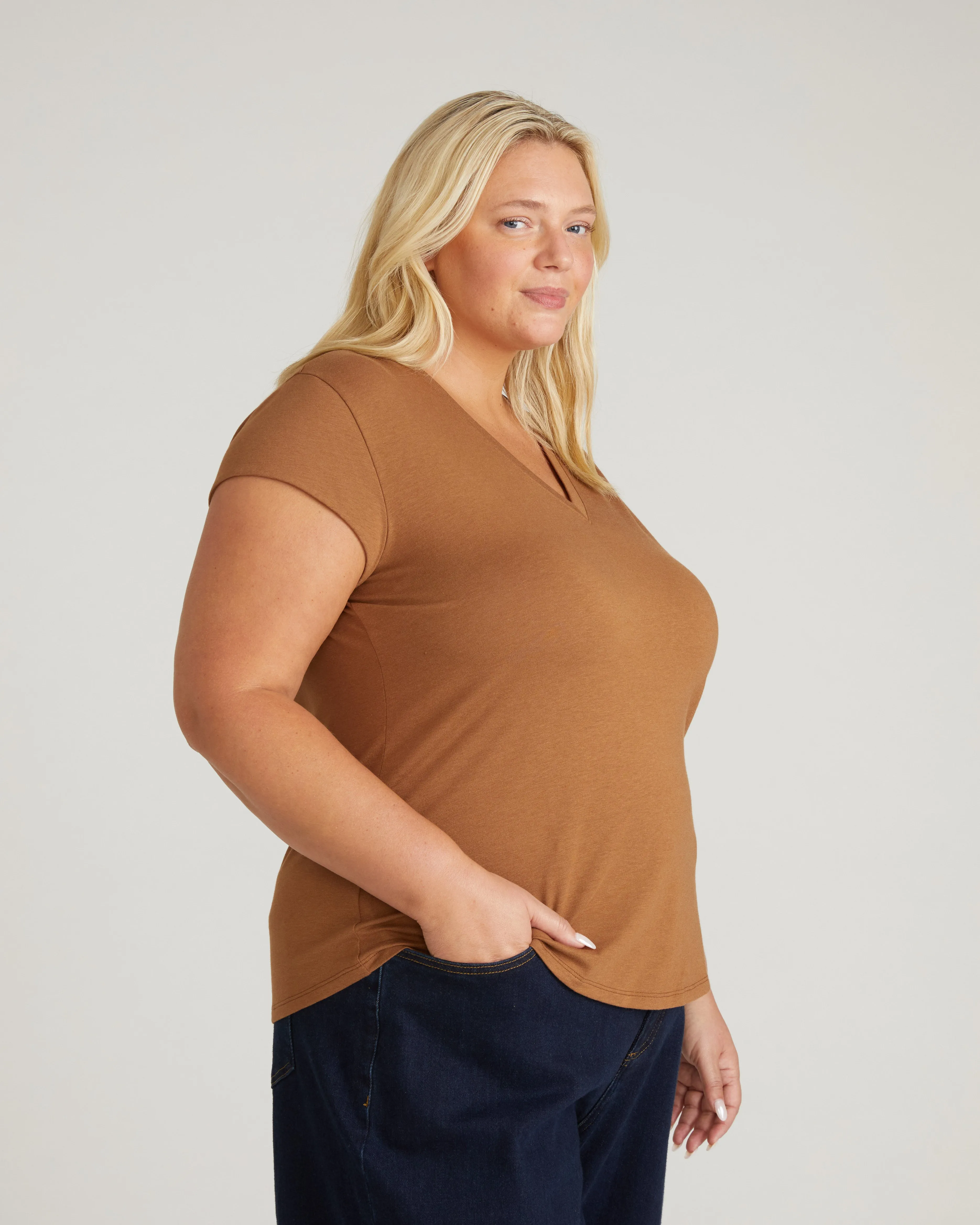 Ashley V Neck Cap Sleeve Tee - Classic Camel sold by Universal Standard product image thumbnail 2