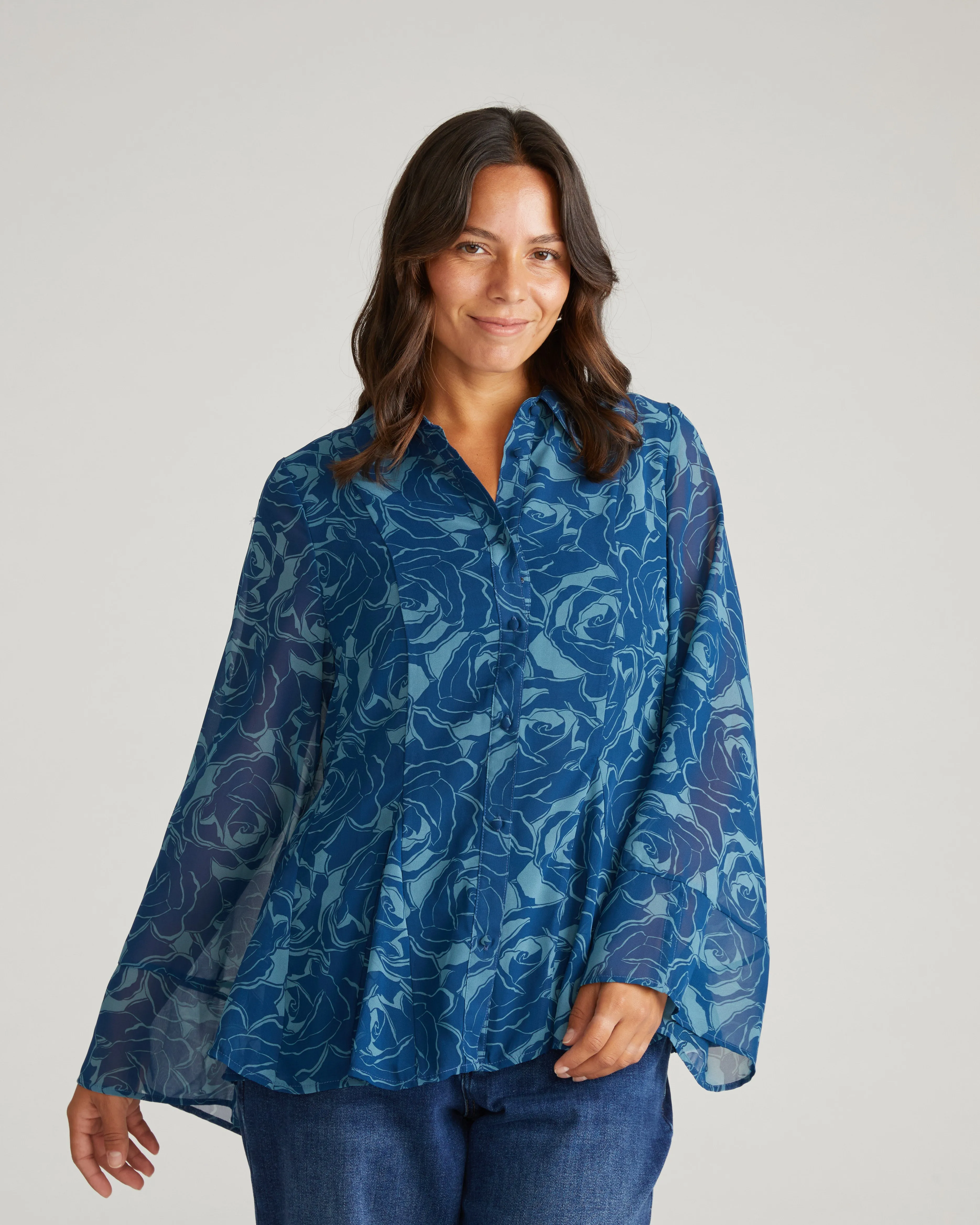 Evie Chiffon Blouse - Rose Print in Deep Teal sold by Universal Standard product image thumbnail 2