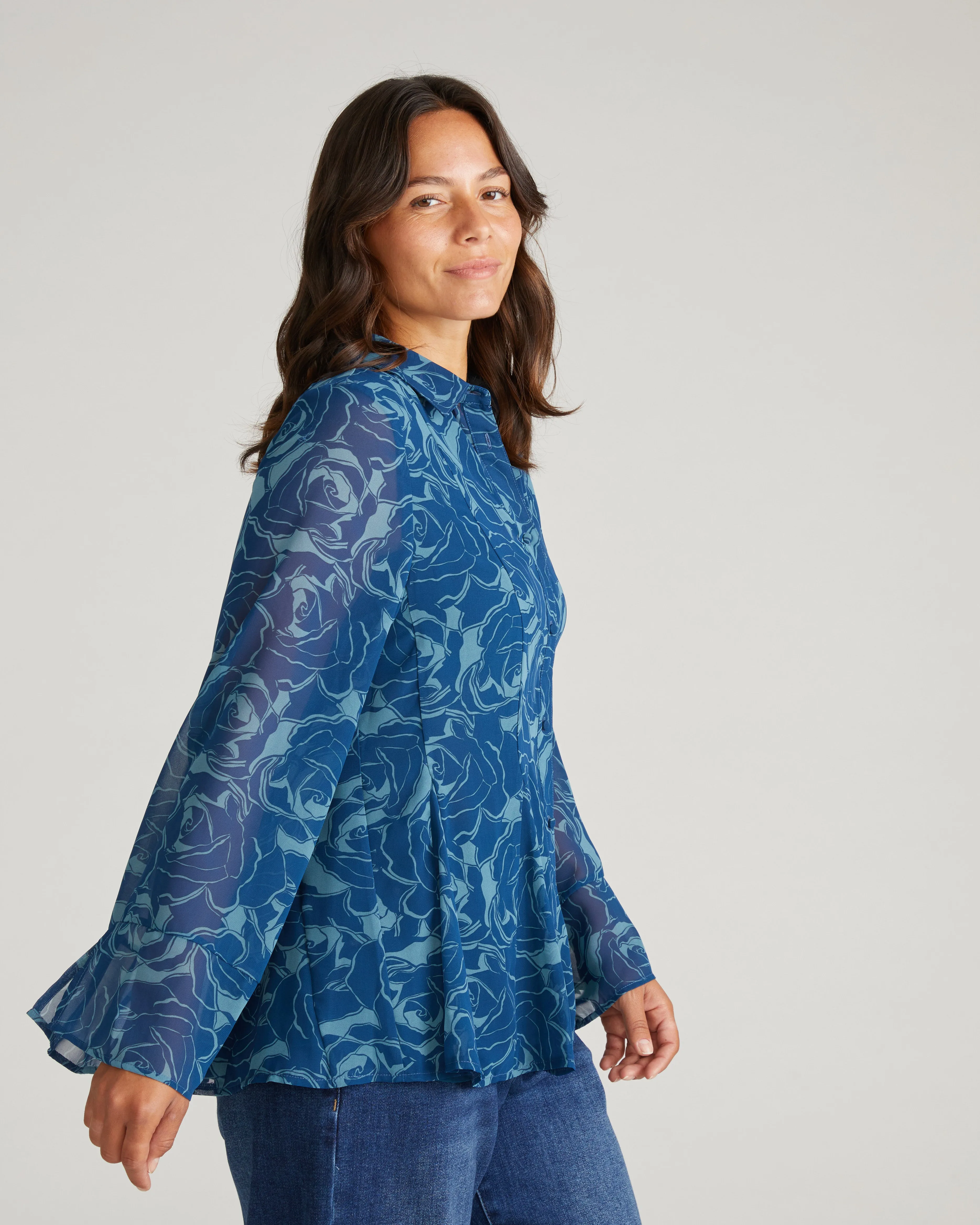 Evie Chiffon Blouse - Rose Print in Deep Teal sold by Universal Standard product image thumbnail 3