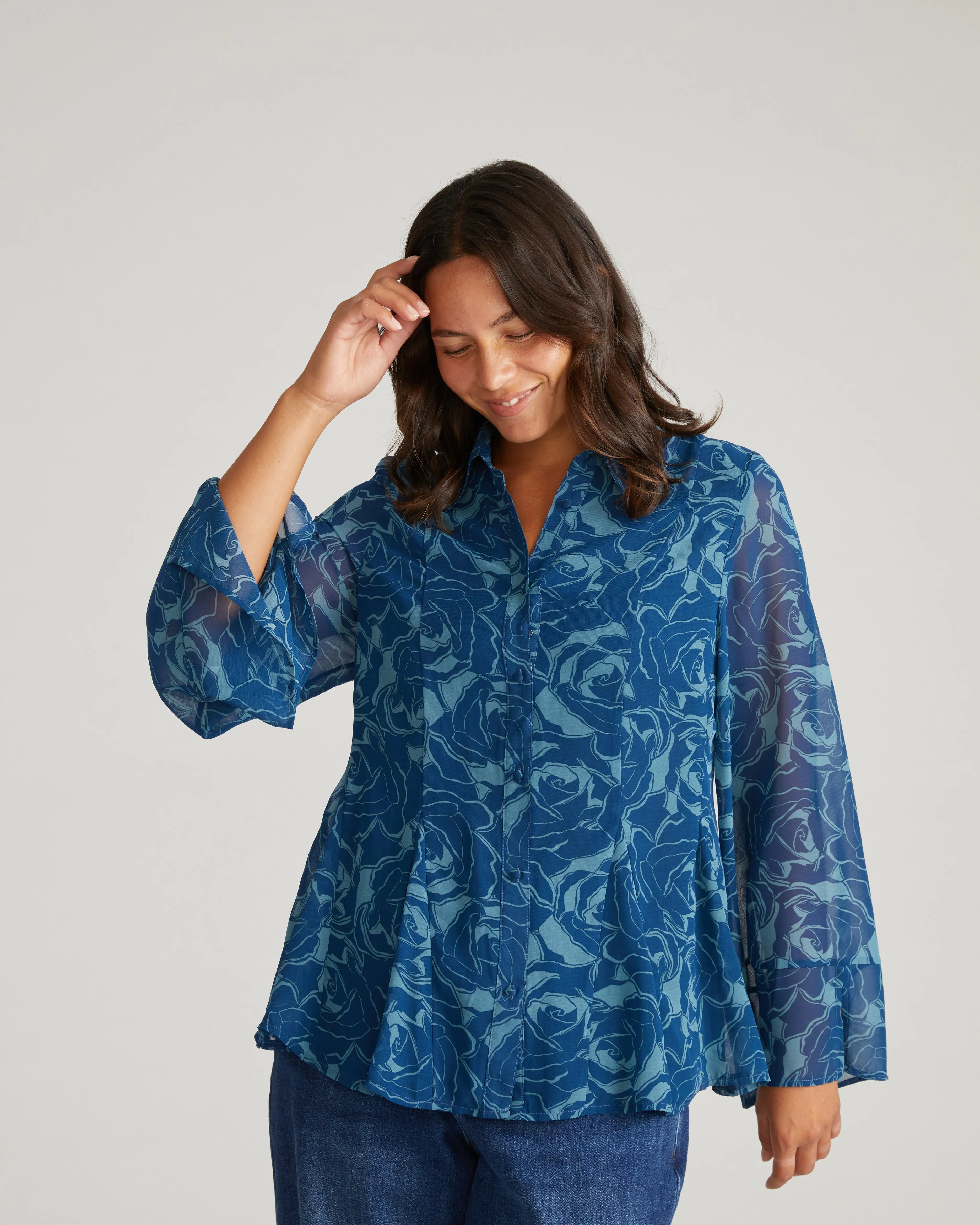 Evie Chiffon Blouse - Rose Print in Deep Teal sold by Universal Standard