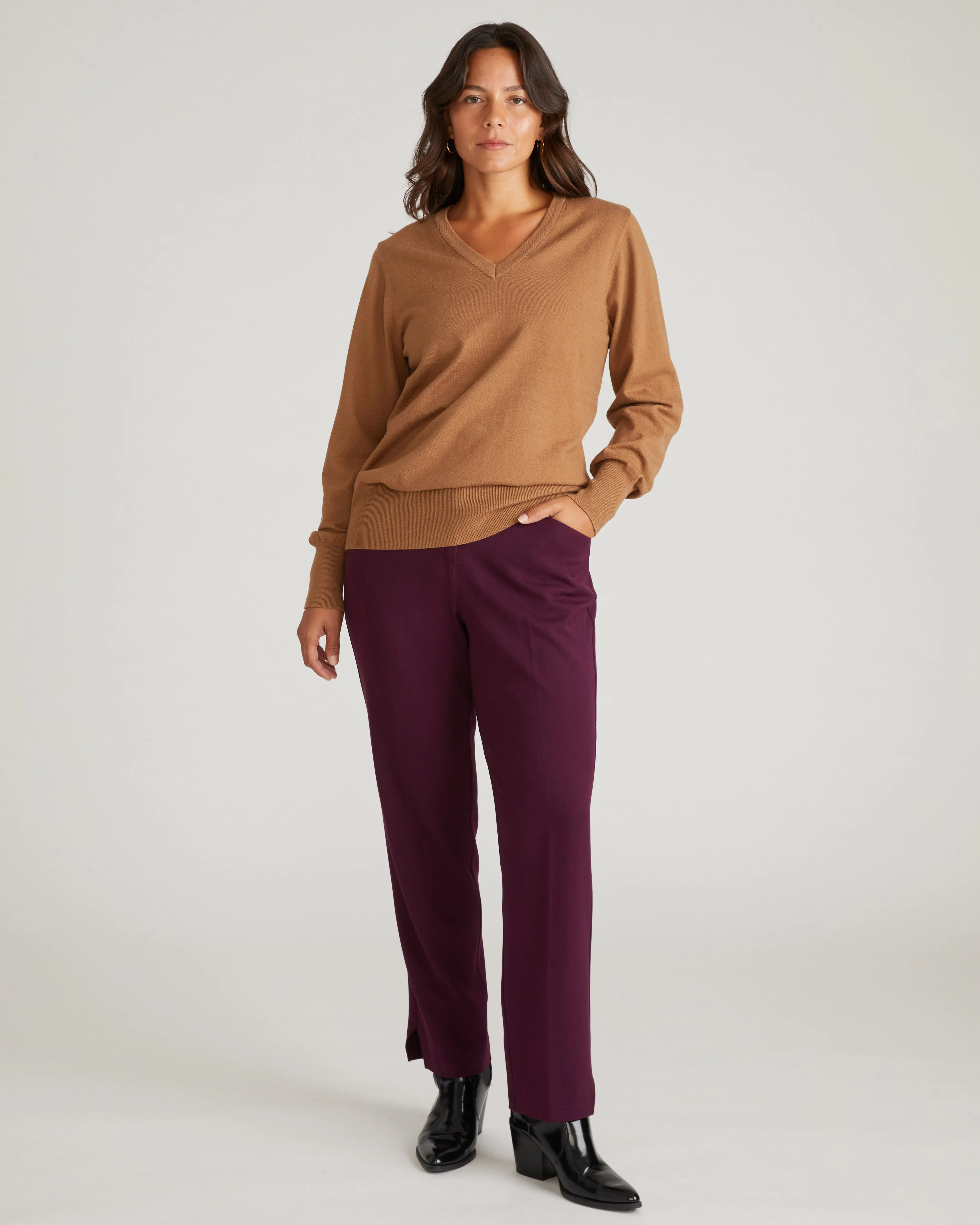 Savvy Fine Knit V Sweater - Classic Camel sold by Universal Standard