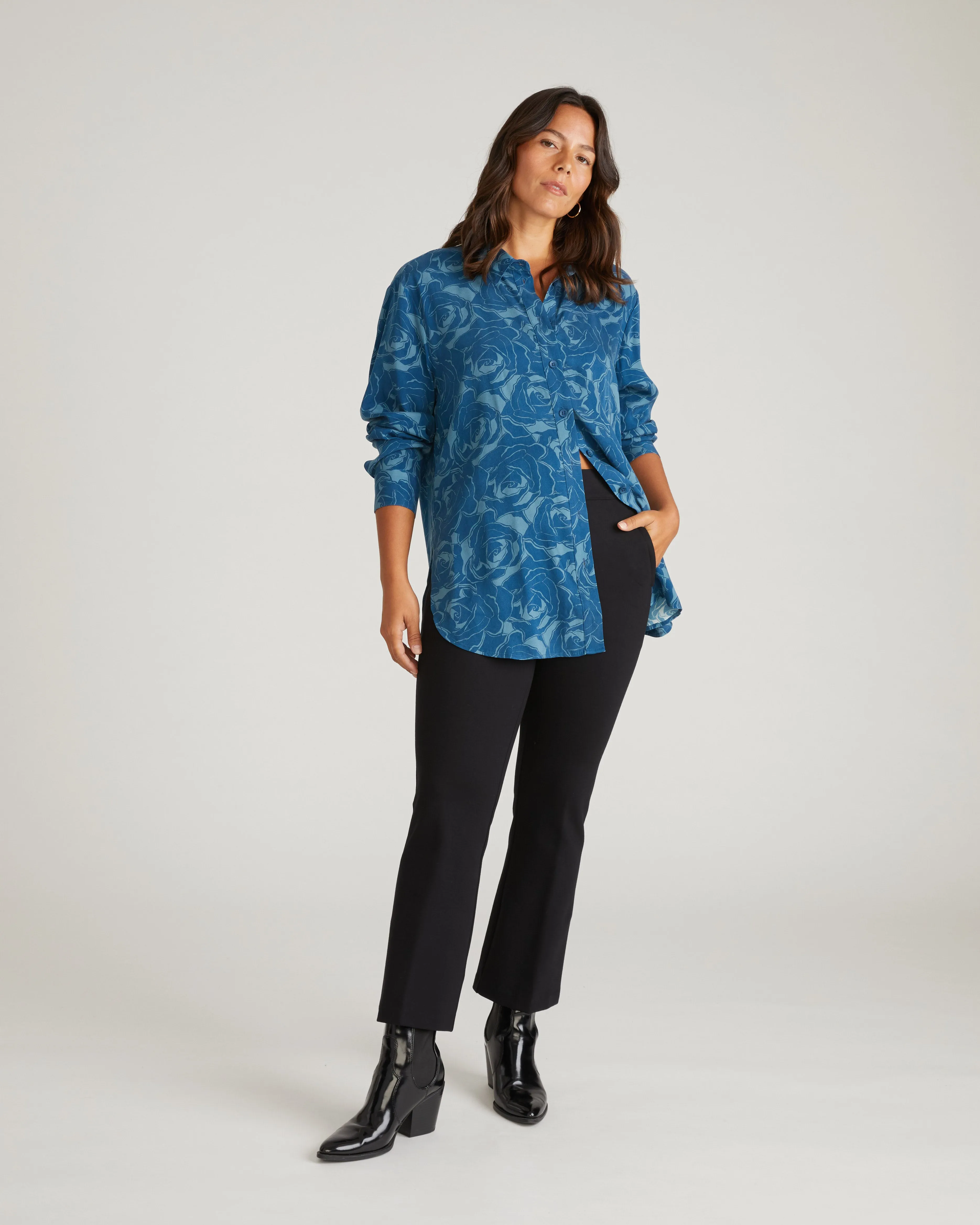 Cooling Stretch Cupro Artist Shirt - Rose Print in Deep Teal sold by Universal Standard product image thumbnail 2