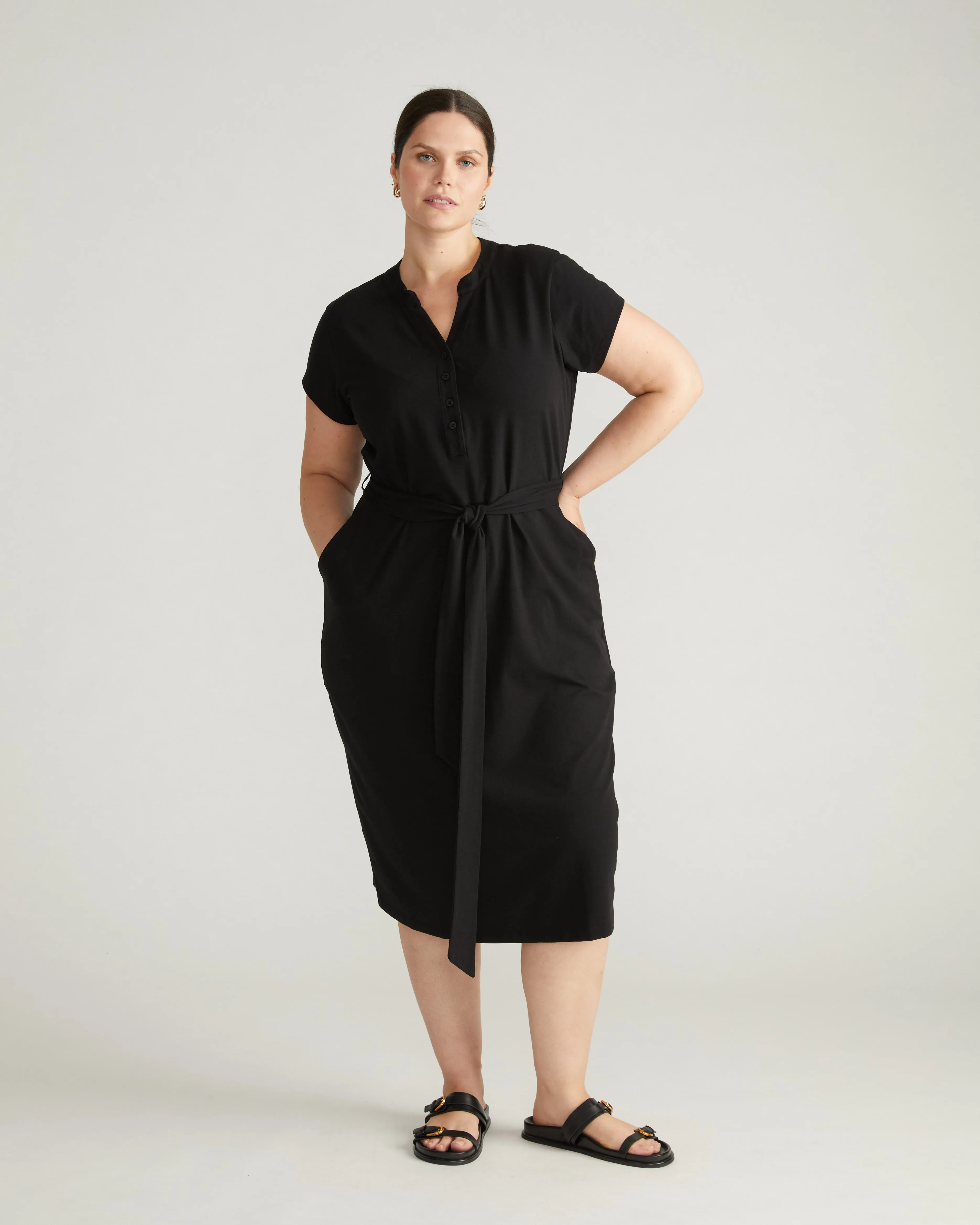 Band Collar Jersey Tie Travel Dress - Black sold by Universal Standard