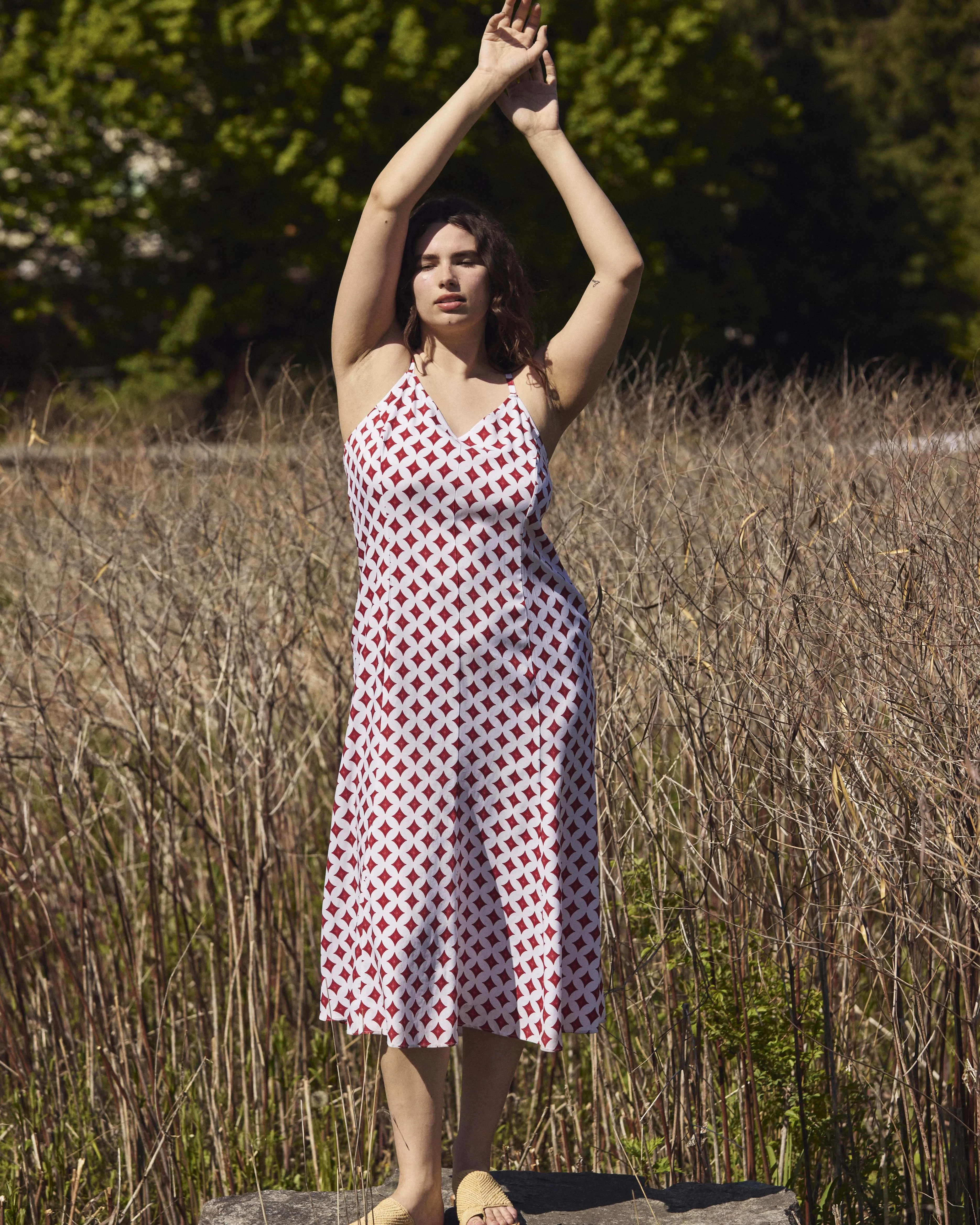 Amber Cooling Cupro Slip Dress - Morningstar Print in Red sold by Universal Standard