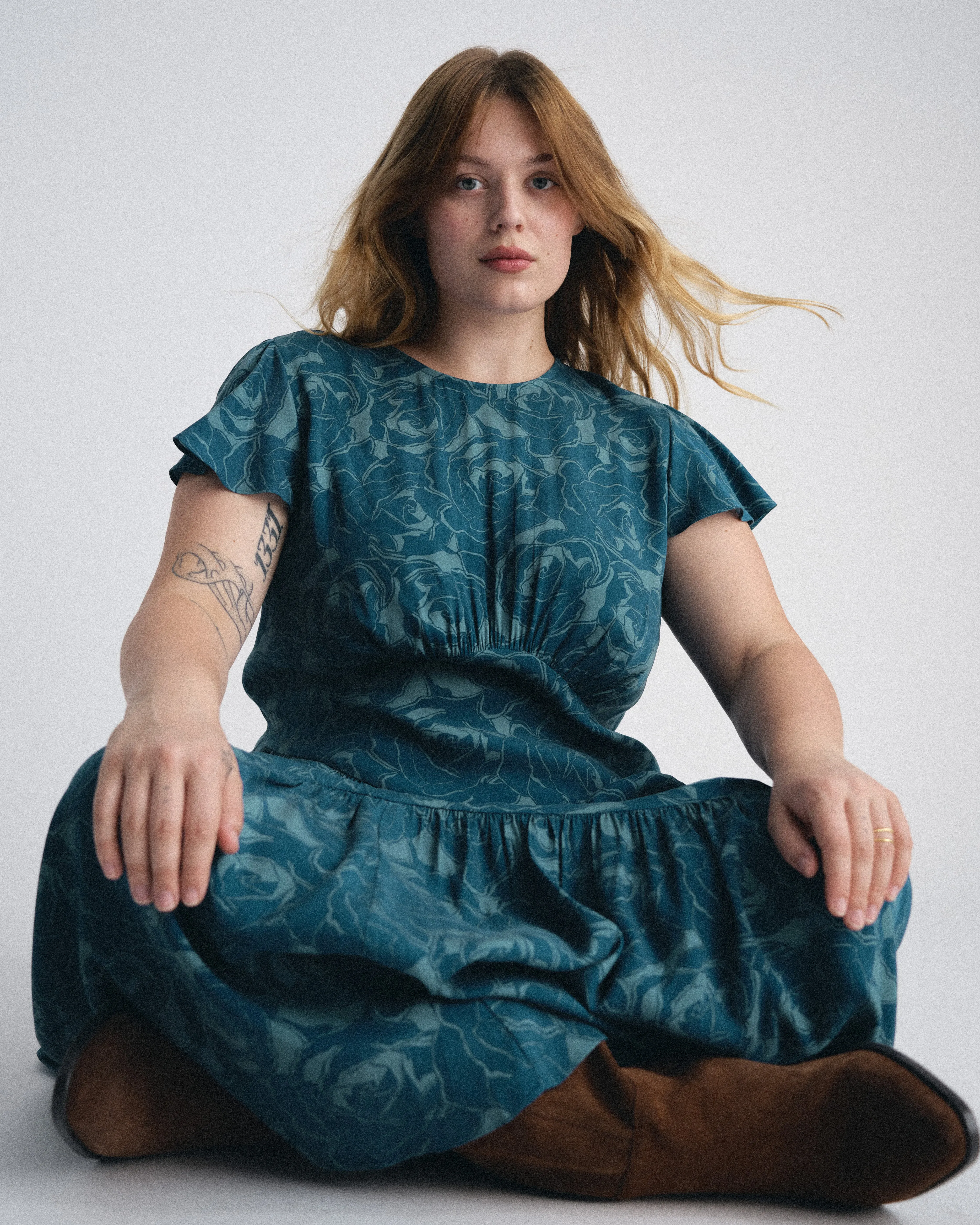 Mariella Stretch Cupro Dress - Rose Print in Deep Teal sold by Universal Standard