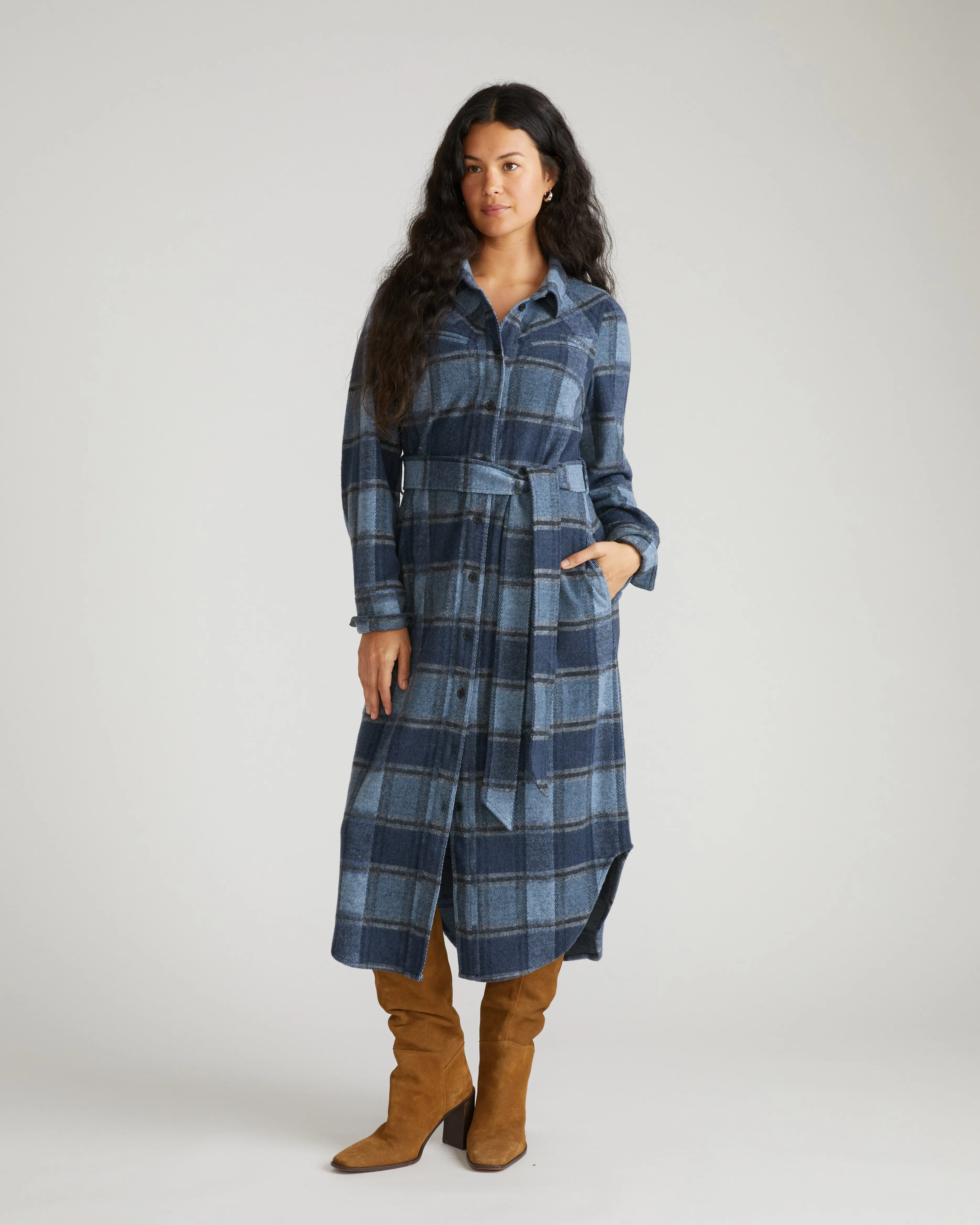 Morgan Stretch Flannel Shirtdress - Heather Fog Plaid sold by Universal Standard
