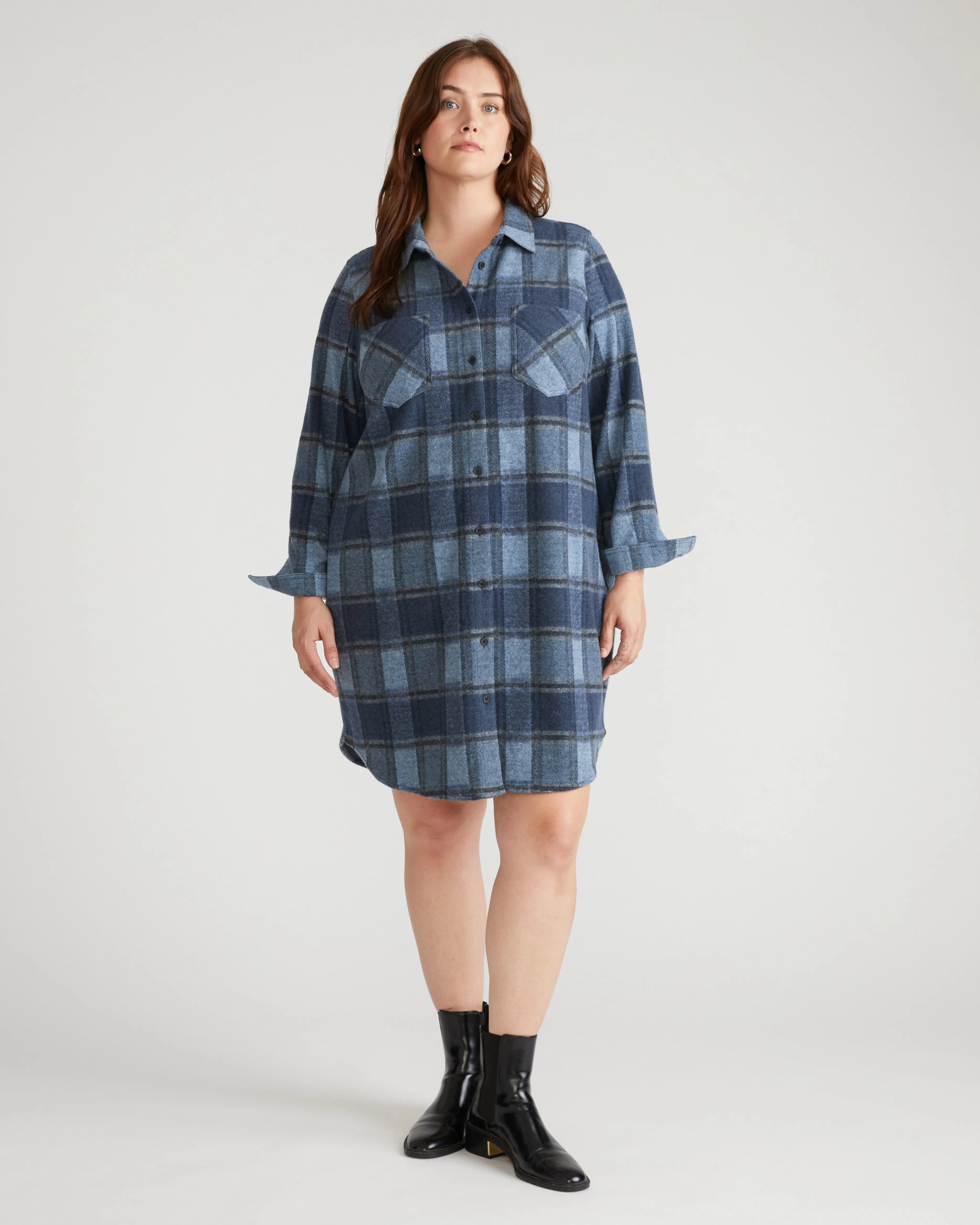 Maine Stretch Flannel Shirtdress - Heather Fog Plaid sold by Universal Standard