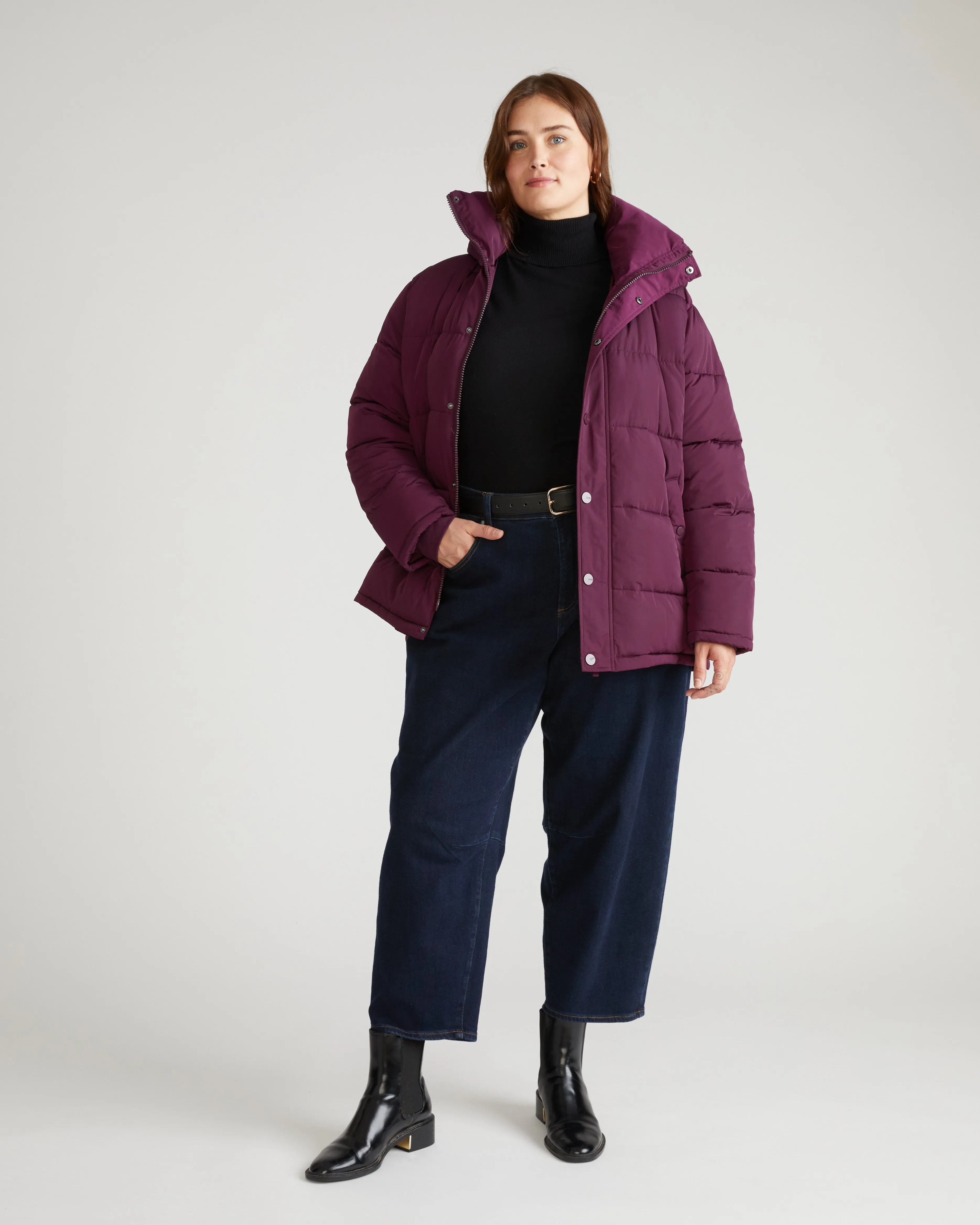 Rainier Short Hooded Puffer - Gamay sold by Universal Standard