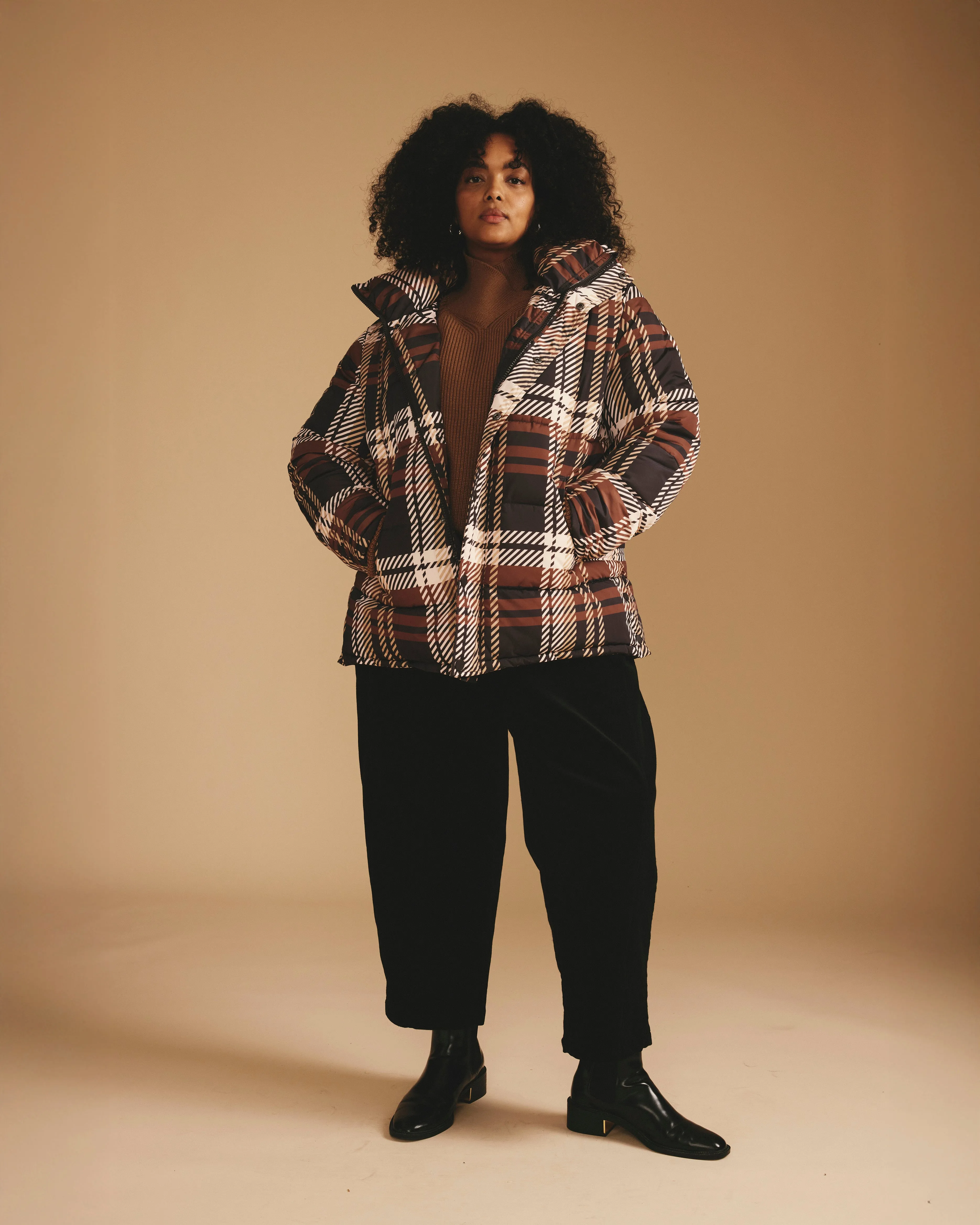 Rainier Short Hooded Puffer - Brindle Chai sold by Universal Standard