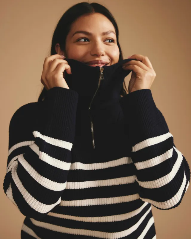 Brenda Zip Sweater - Navy/Cream Stripes sold by Universal Standard