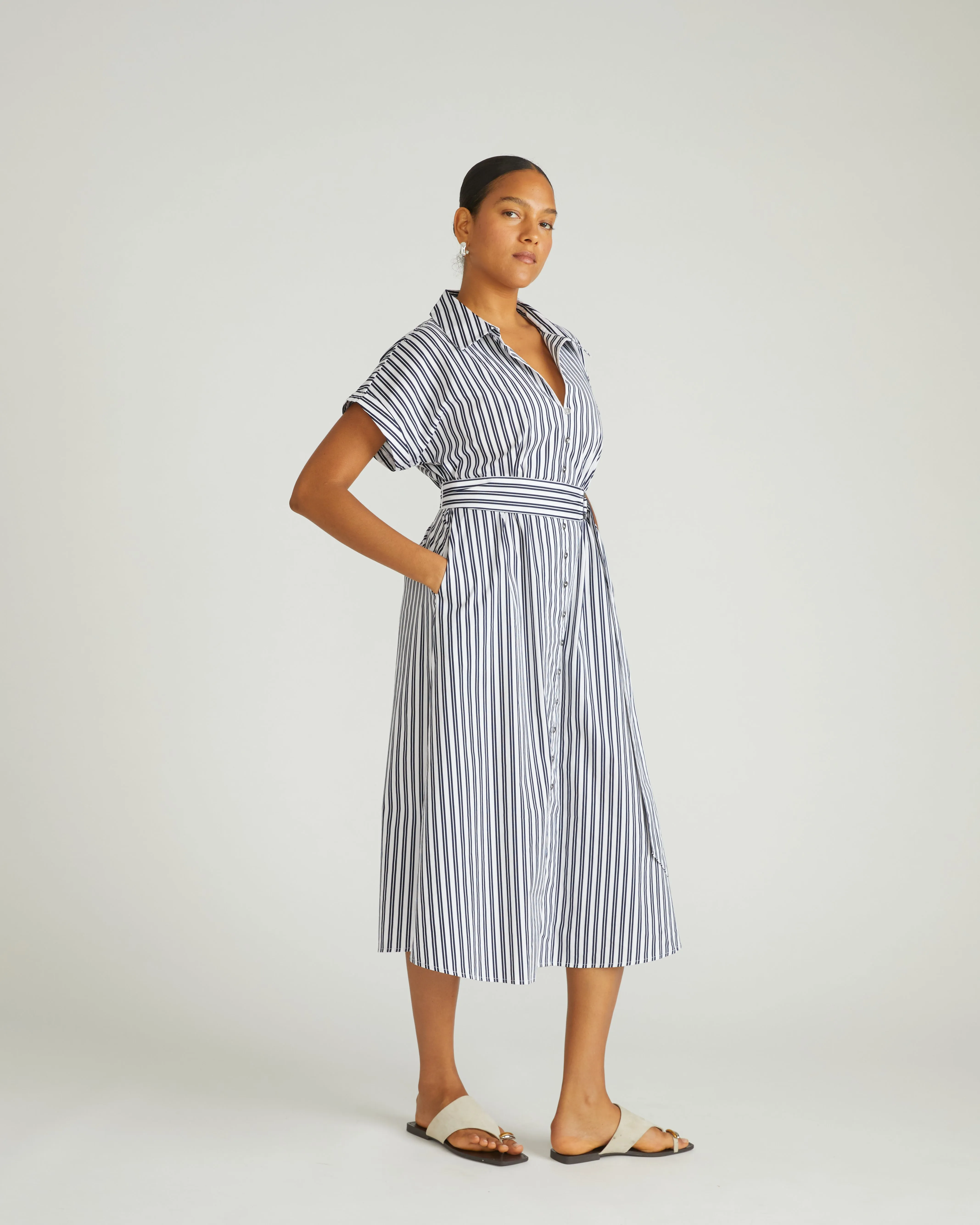 Sandy Stretch Poplin Shirtdress - White/Navy Multi Stripe sold by Universal Standard product image thumbnail 3