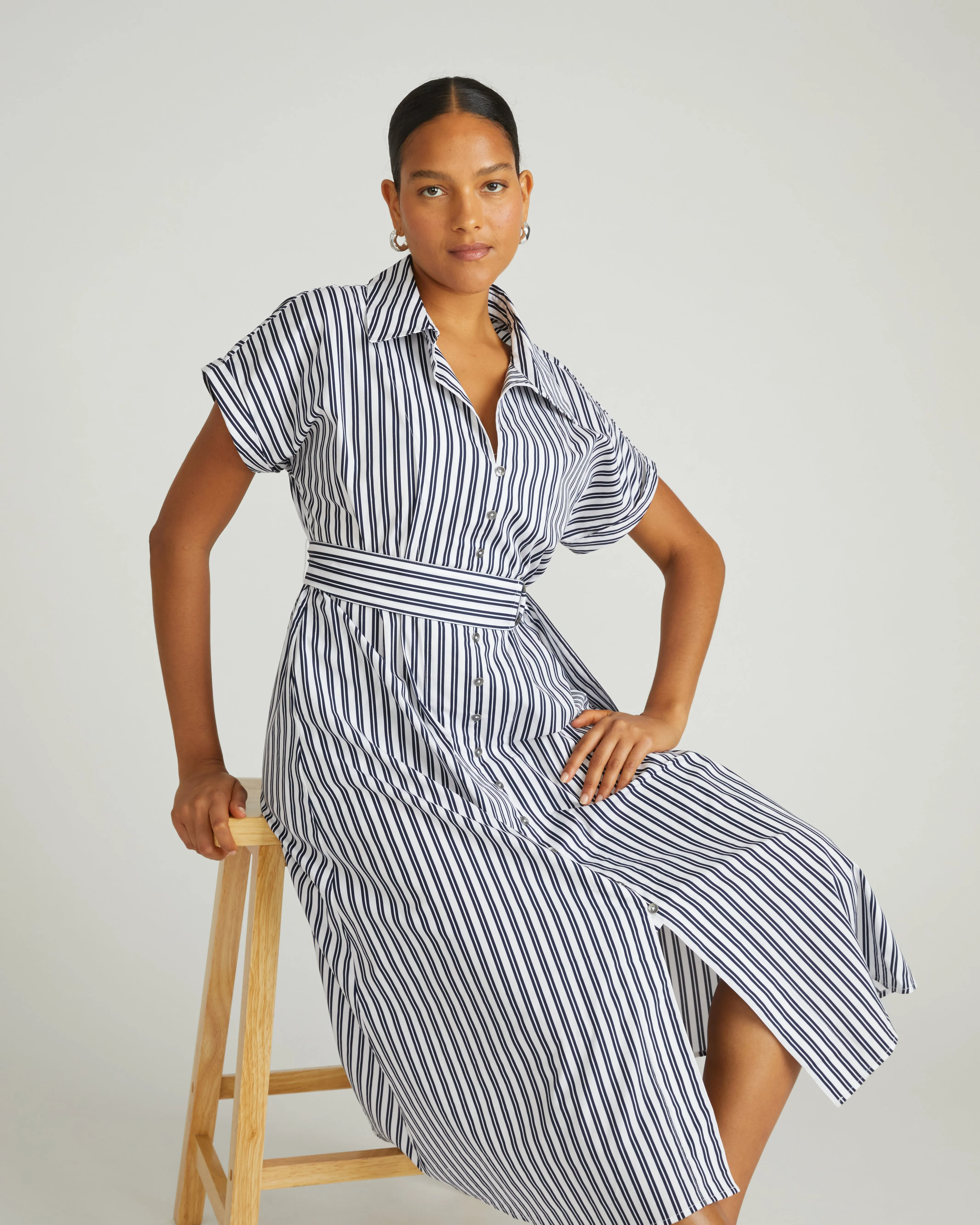 Sandy Stretch Poplin Shirtdress - White/Navy Multi Stripe sold by Universal Standard