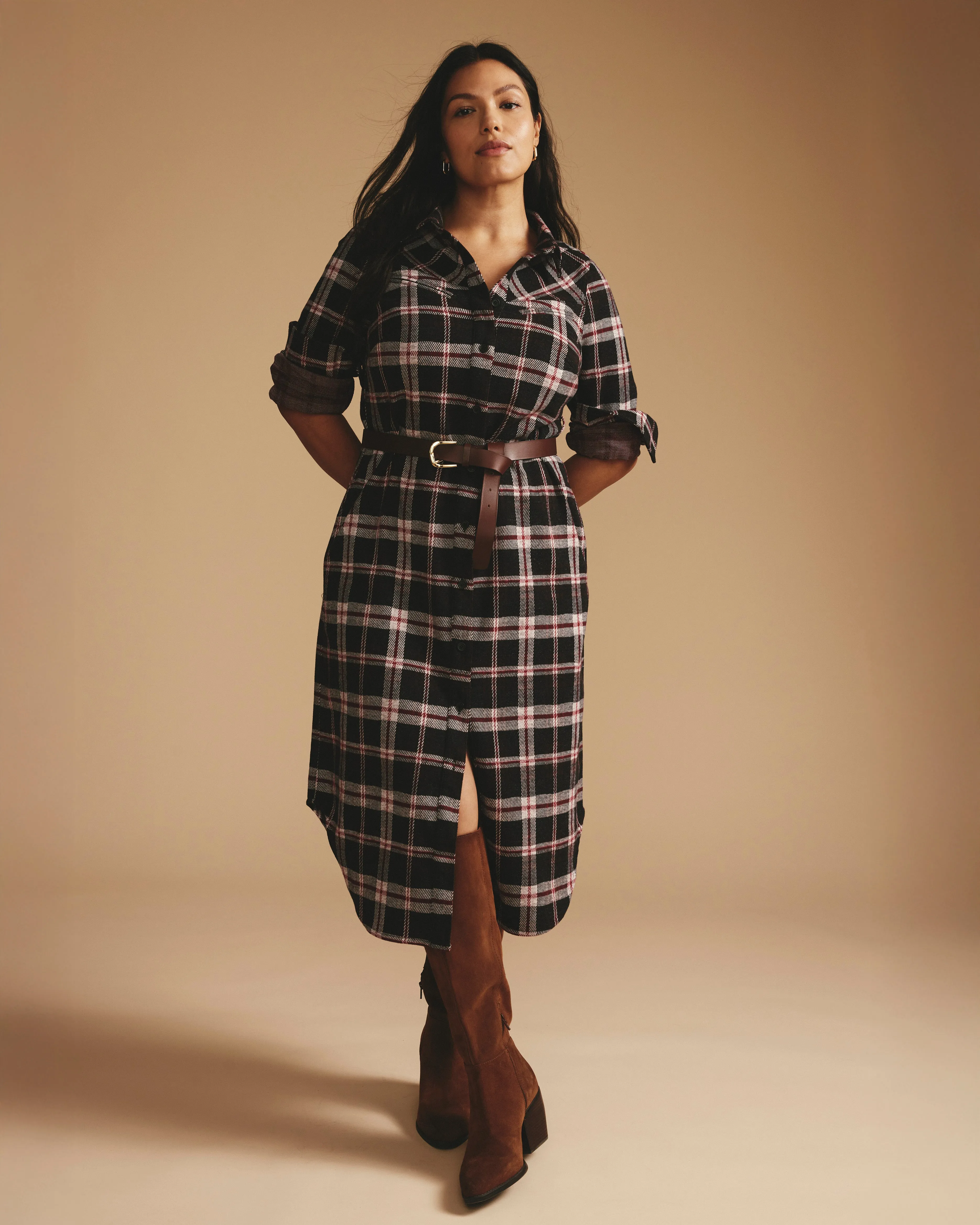Morgan Belted Stretch Flannel Shirtdress - Poppy Plaid sold by Universal Standard