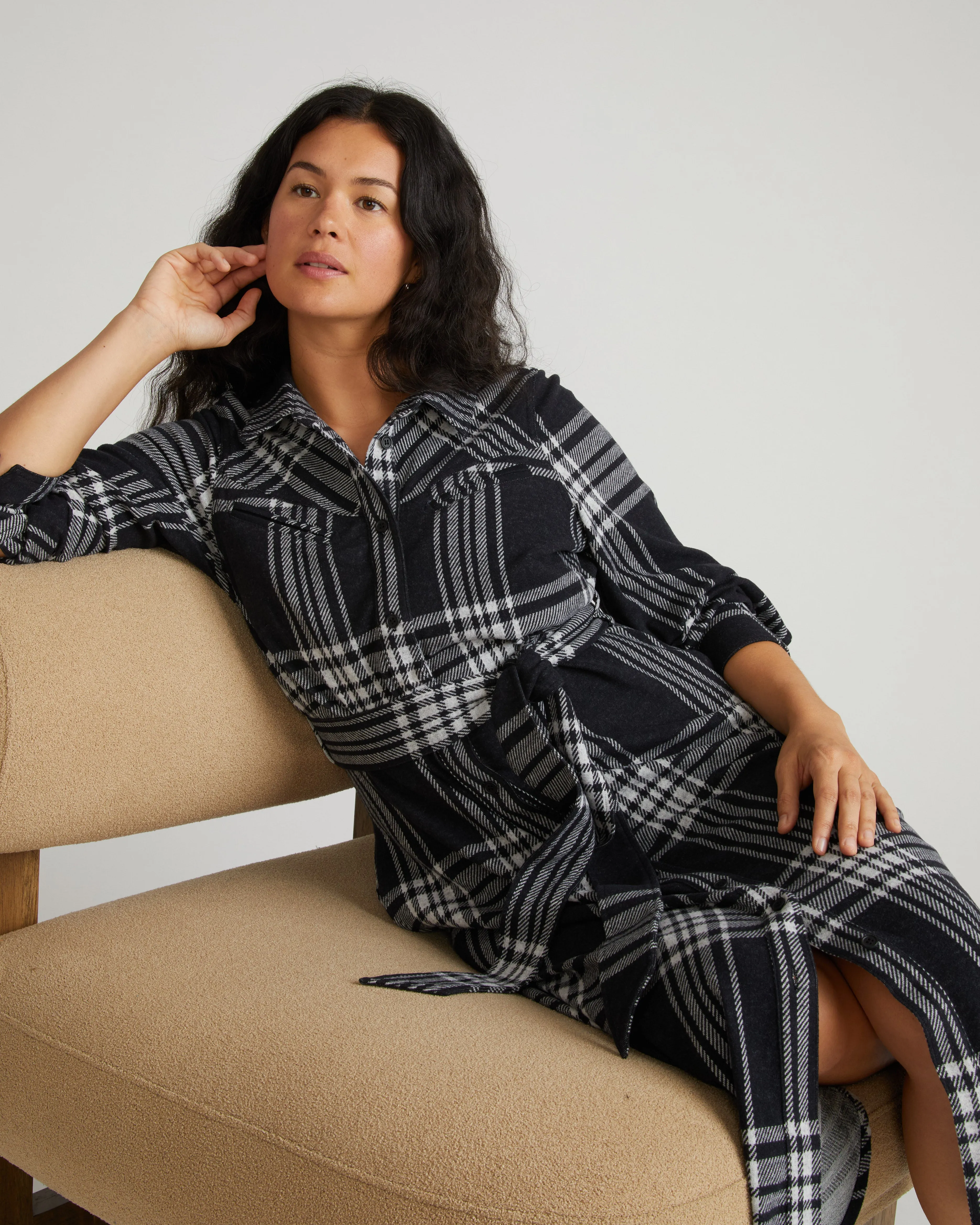 Morgan Belted Stretch Flannel Shirtdress - Highland Hug Black Plaid sold by Universal Standard product image thumbnail 3