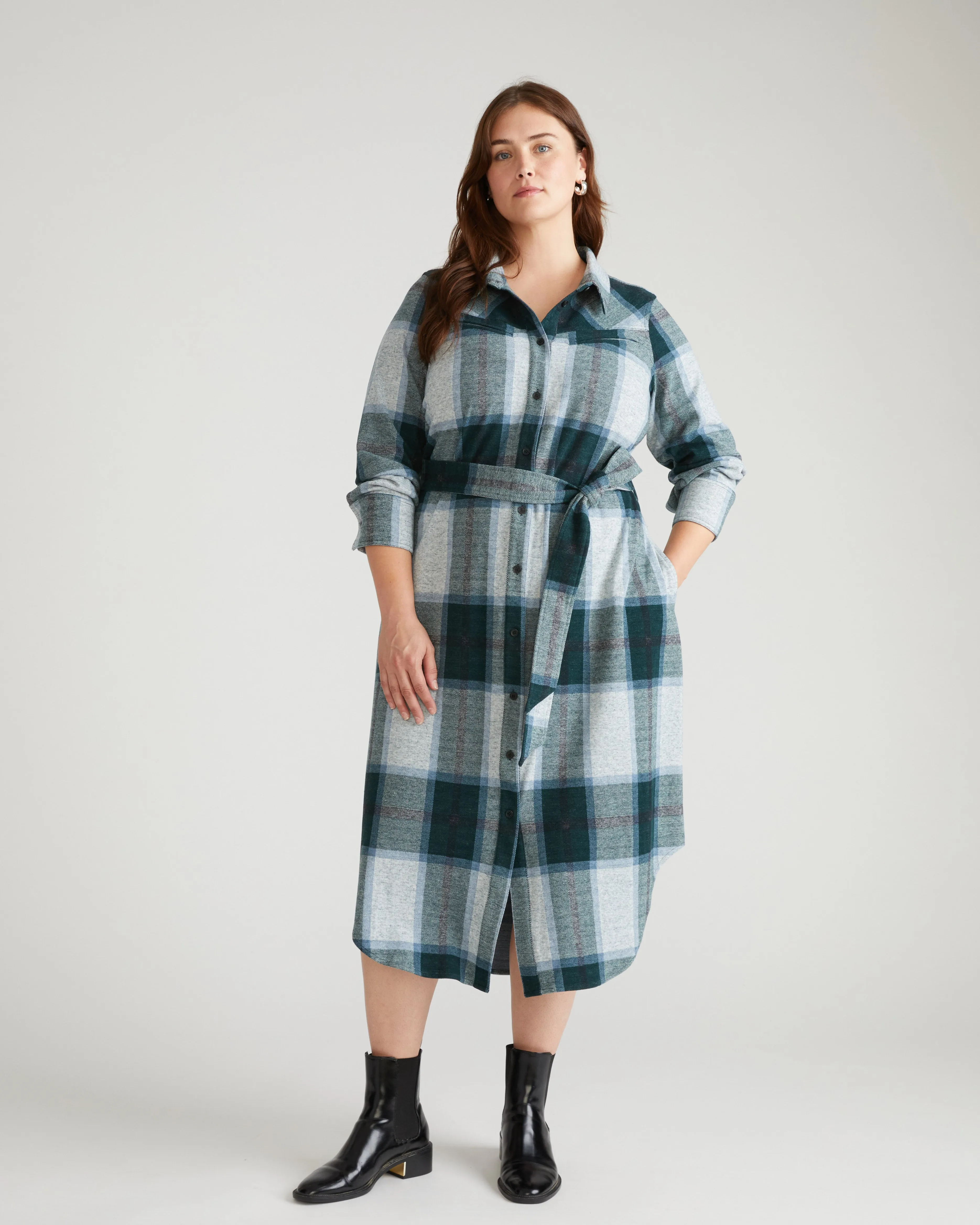 Morgan Belted Stretch Flannel Shirtdress - Mate Green Plaid sold by Universal Standard