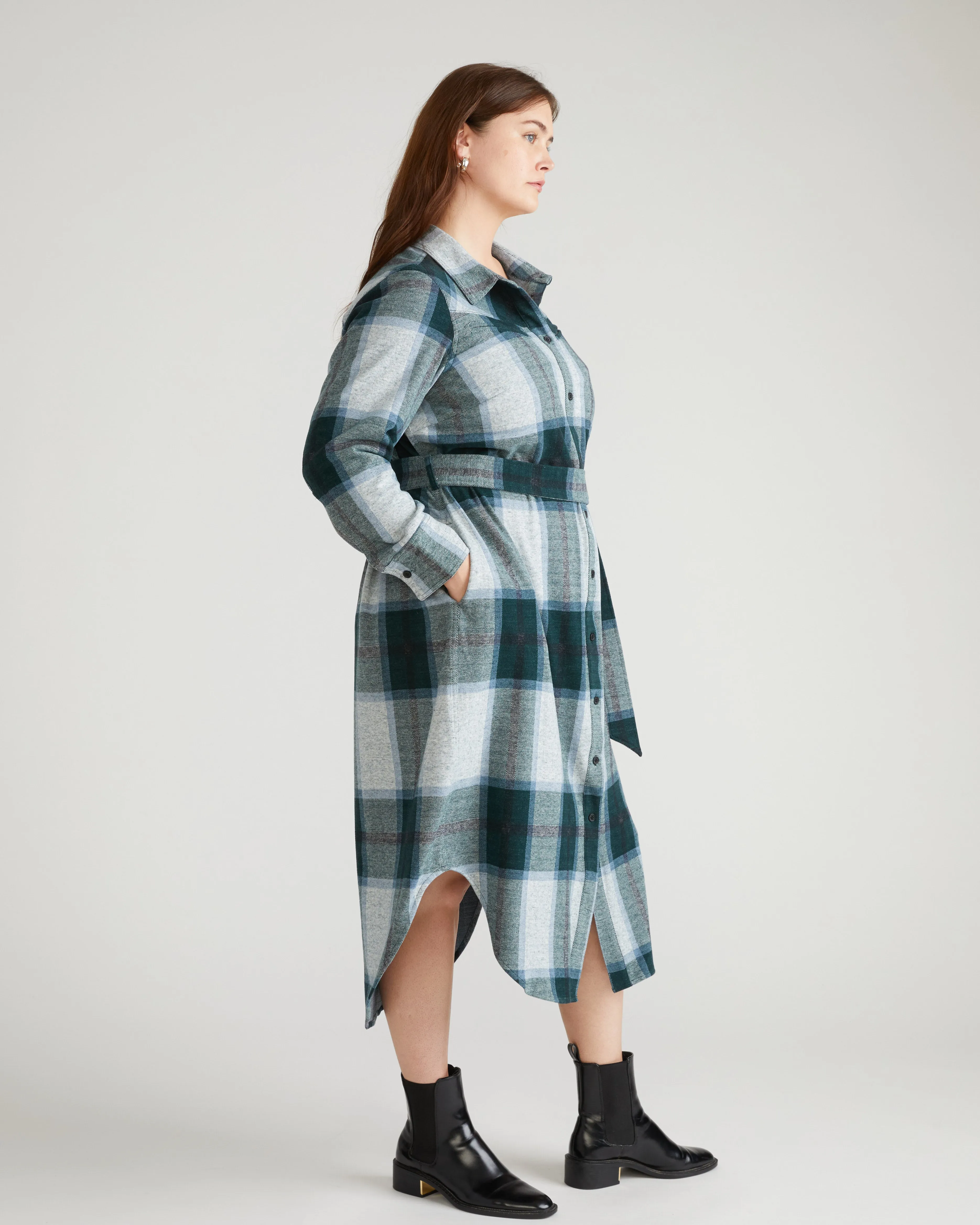 Morgan Belted Stretch Flannel Shirtdress - Mate Green Plaid sold by Universal Standard product image thumbnail 2