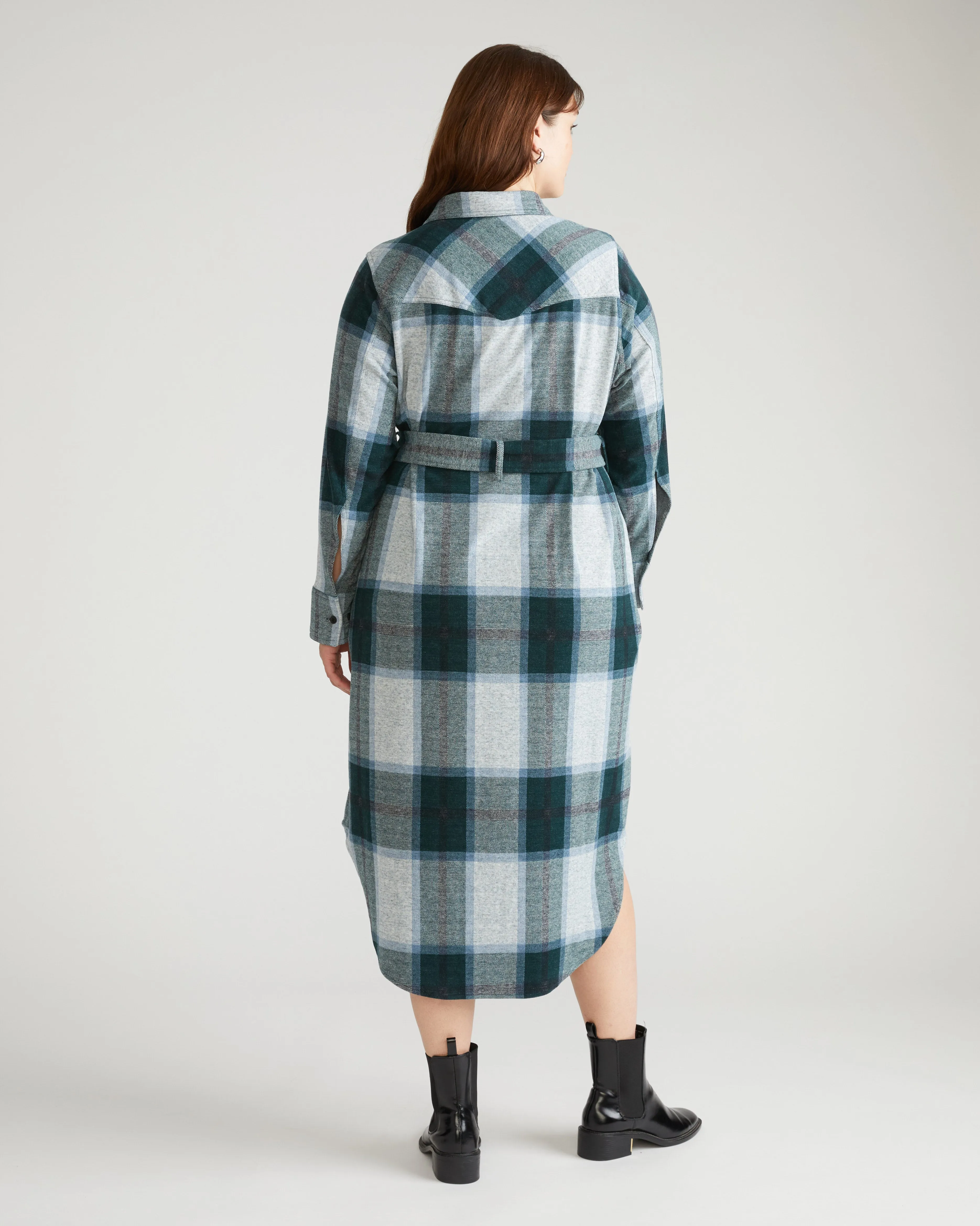 Morgan Belted Stretch Flannel Shirtdress - Mate Green Plaid sold by Universal Standard product image thumbnail 3
