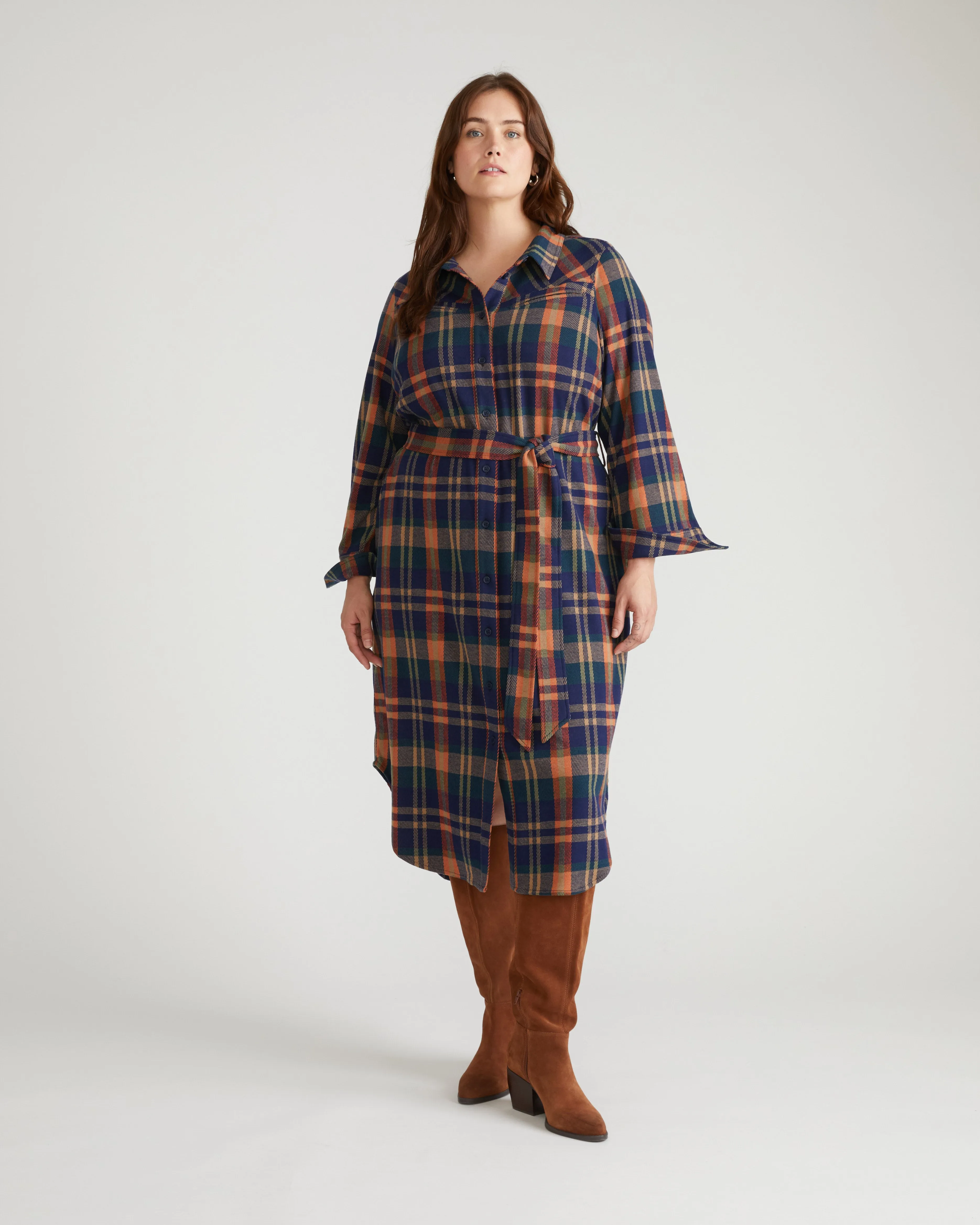 Morgan Belted Stretch Flannel Shirtdress - Autumn Apple Plaid sold by Universal Standard