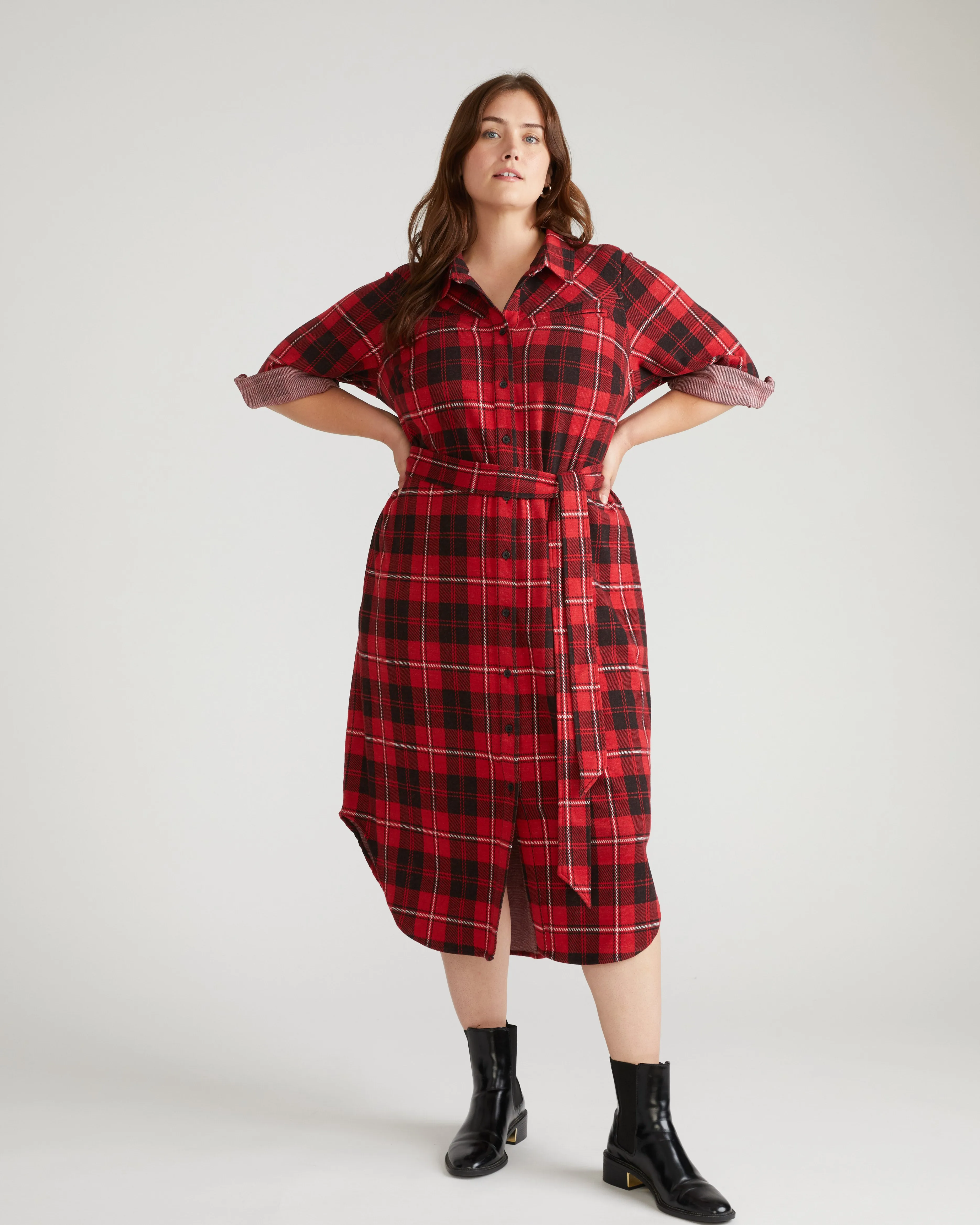 Morgan Belted Stretch Flannel Shirtdress - Ridge Brew Red Plaid sold by Universal Standard product image thumbnail 2