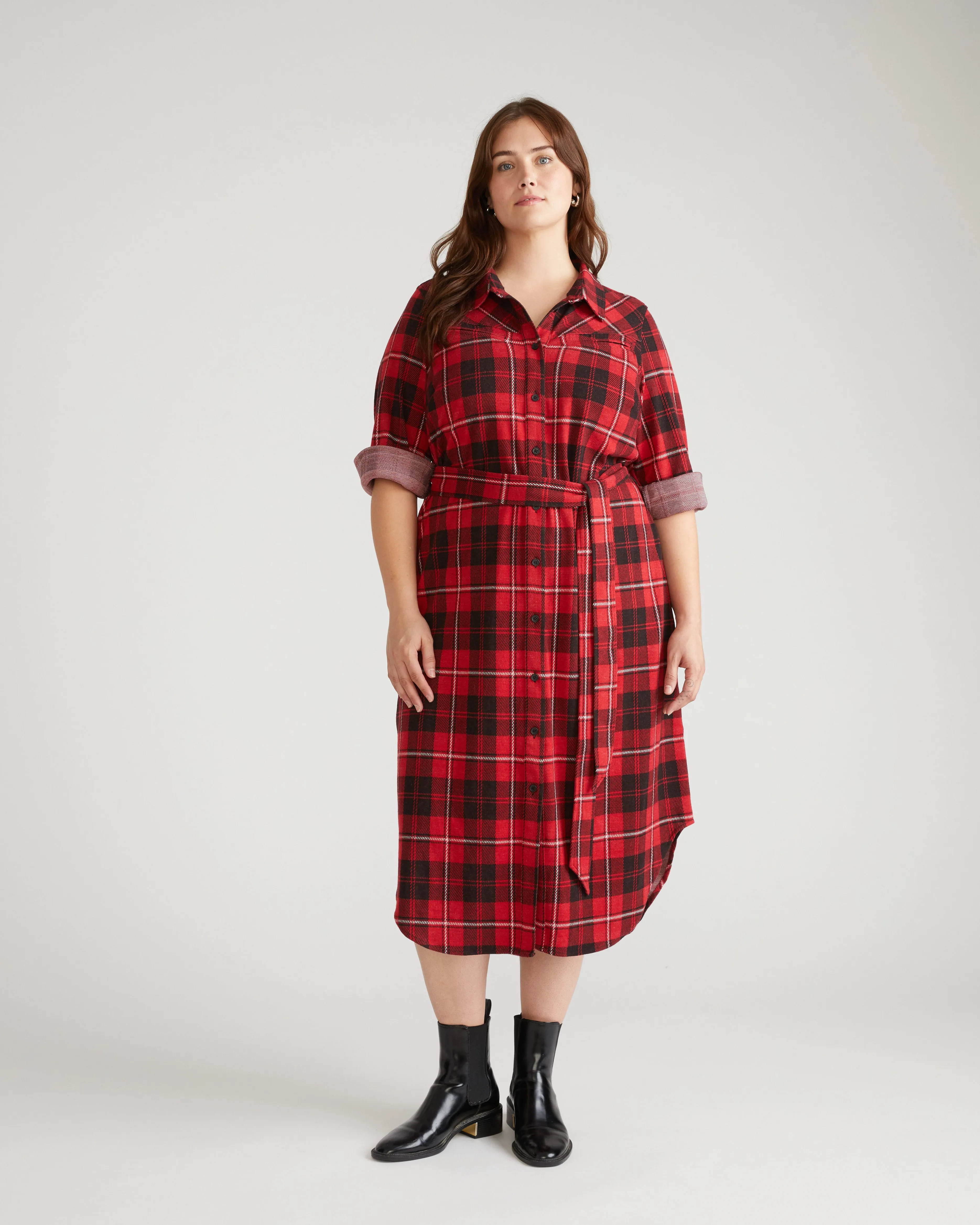 Morgan Belted Stretch Flannel Shirtdress - Ridge Brew Red Plaid sold by Universal Standard