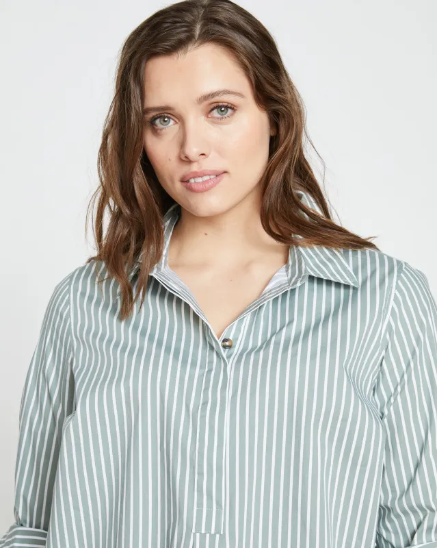 Elbe Popover Stretch Poplin Shirt Classic Fit - Sage/White Stripe sold by Universal Standard