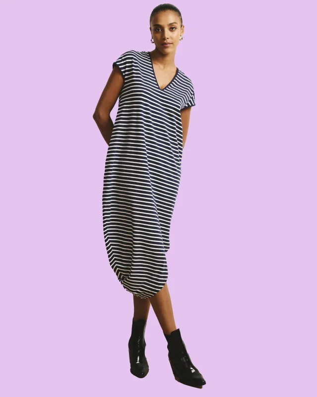 Iconic Geneva V-Neck Dress - Navy/White Stripe sold by Universal Standard