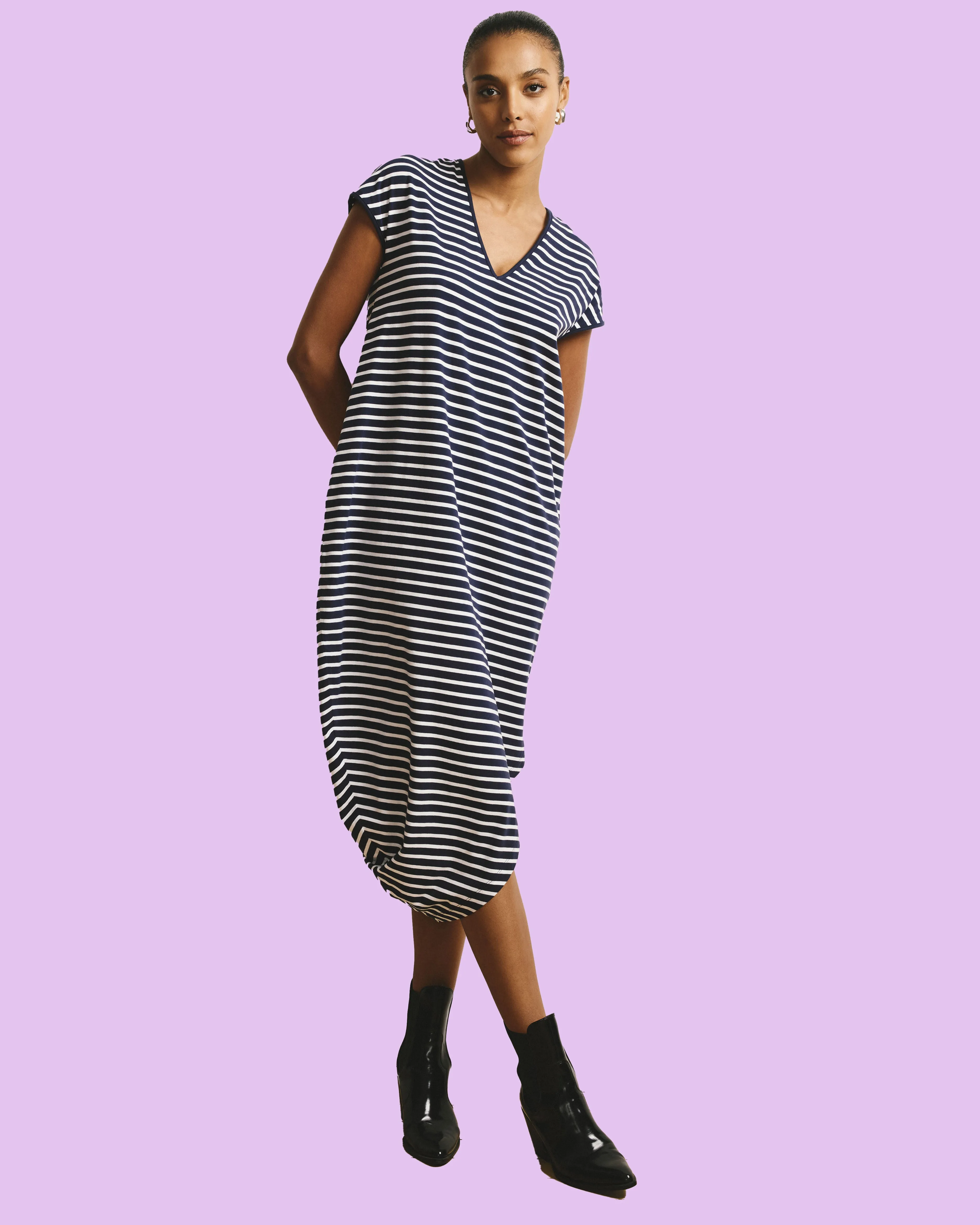 Iconic Geneva V-Neck Dress - Navy/White Stripe sold by Universal Standard