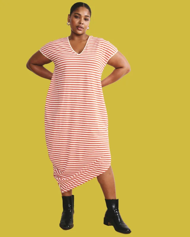 Iconic Geneva V-Neck Dress - Ecru/Poppy Stripe sold by Universal Standard