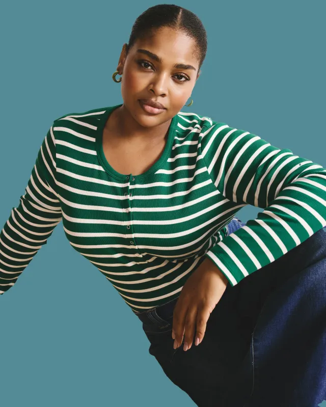 Henley Long Sleeve Ribbed Tee - Aventurine/Ecru Stripe sold by Universal Standard