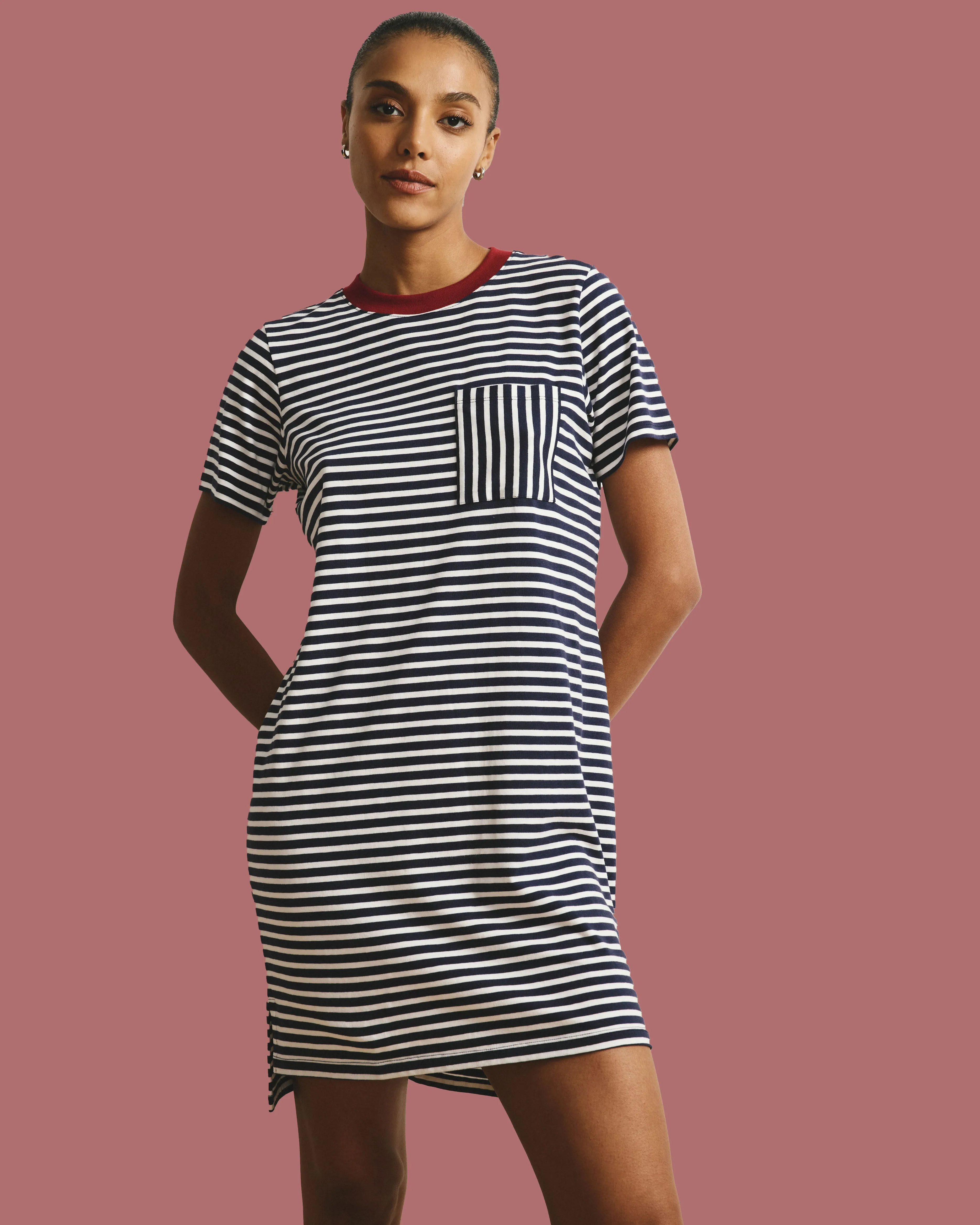 Garcon Tee Dress - Navy/White Stripe with Garnet Trim sold by Universal Standard