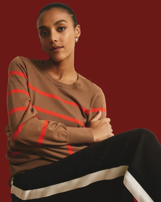 Savvy Fine Knit Crew Sweater - Classic Camel/Poppy Stripe sold by Universal Standard