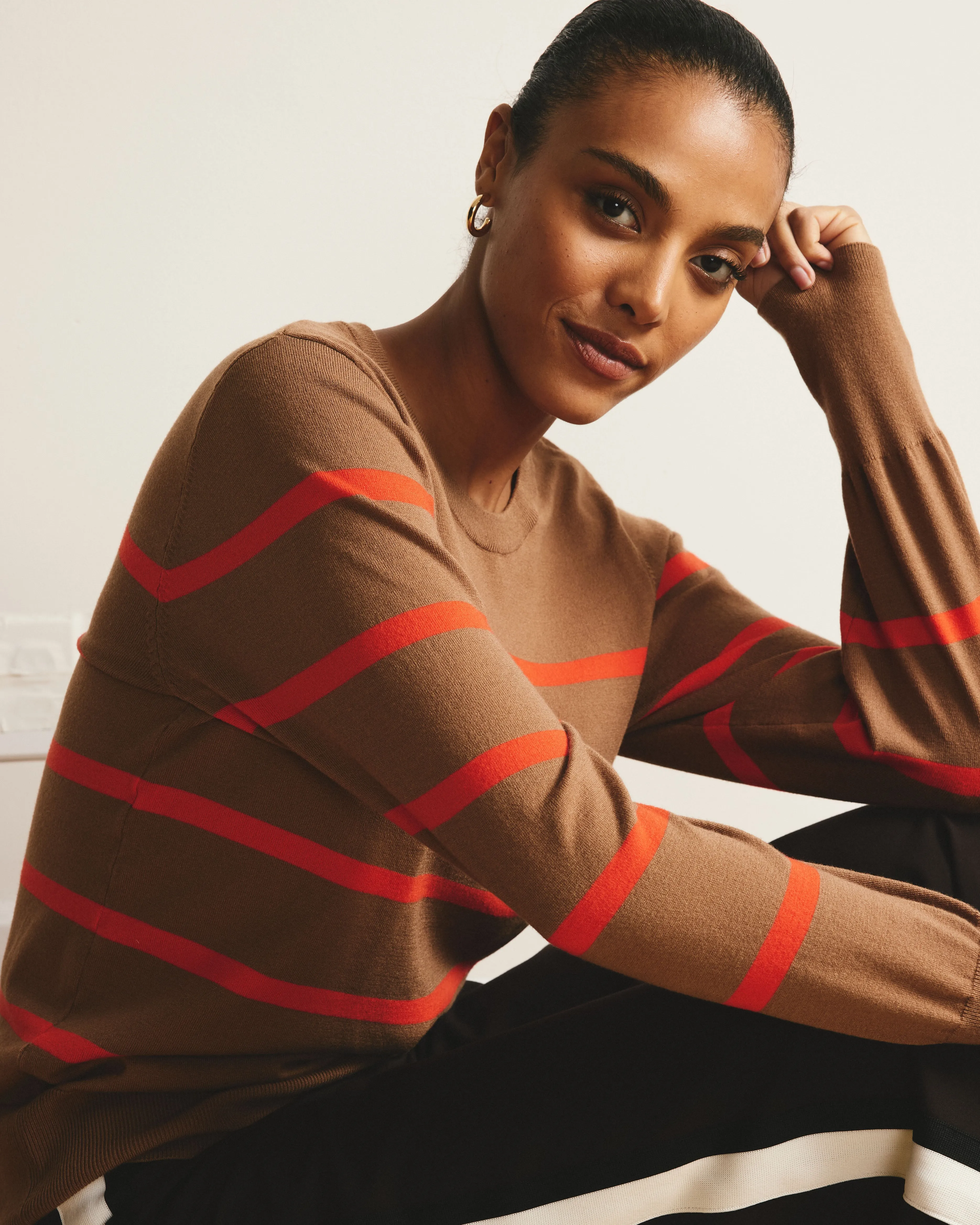 Savvy Fine Knit Crew Sweater - Classic Camel/Poppy Stripe sold by Universal Standard product image thumbnail 3