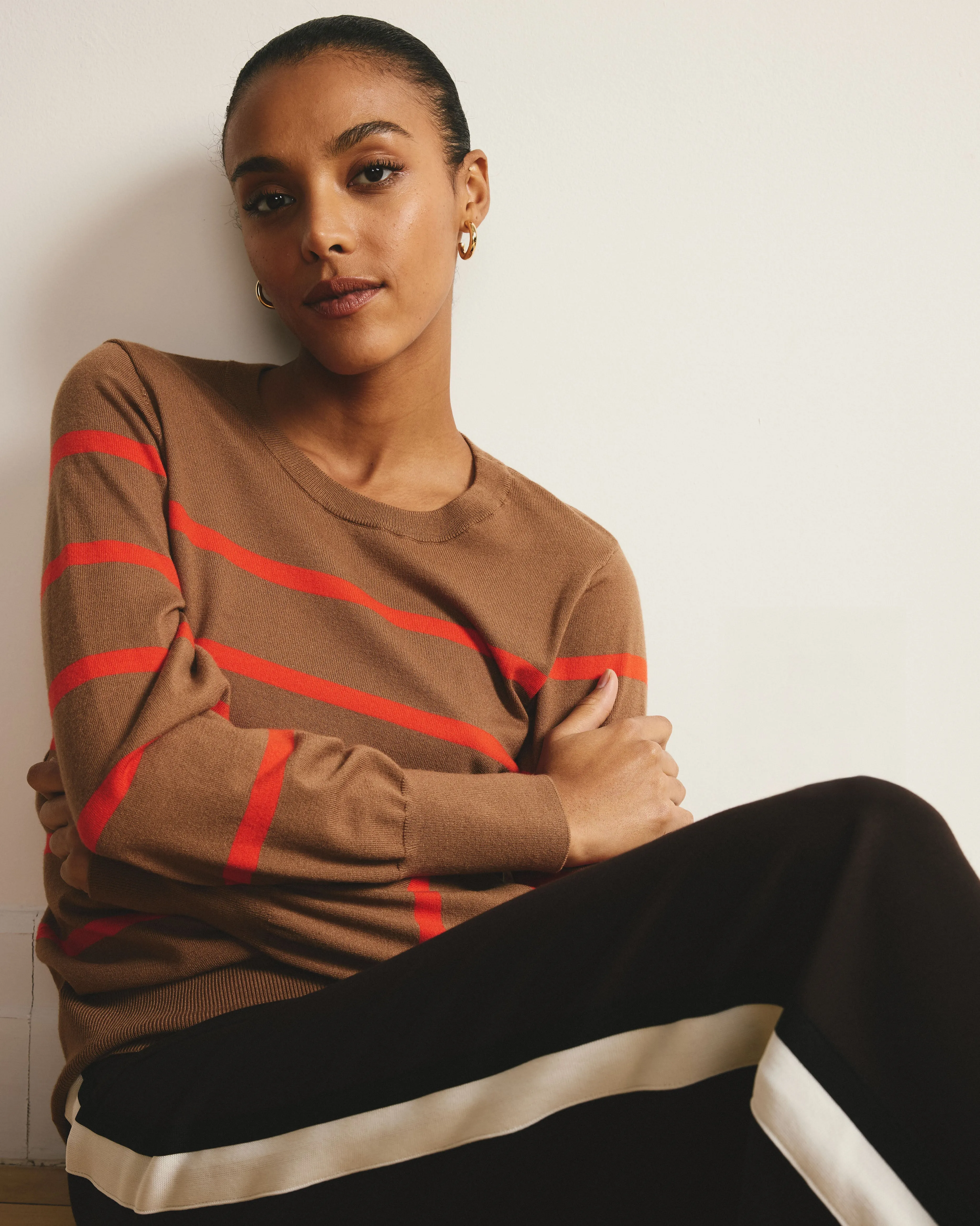 Savvy Fine Knit Crew Sweater - Classic Camel/Poppy Stripe sold by Universal Standard product image thumbnail 4