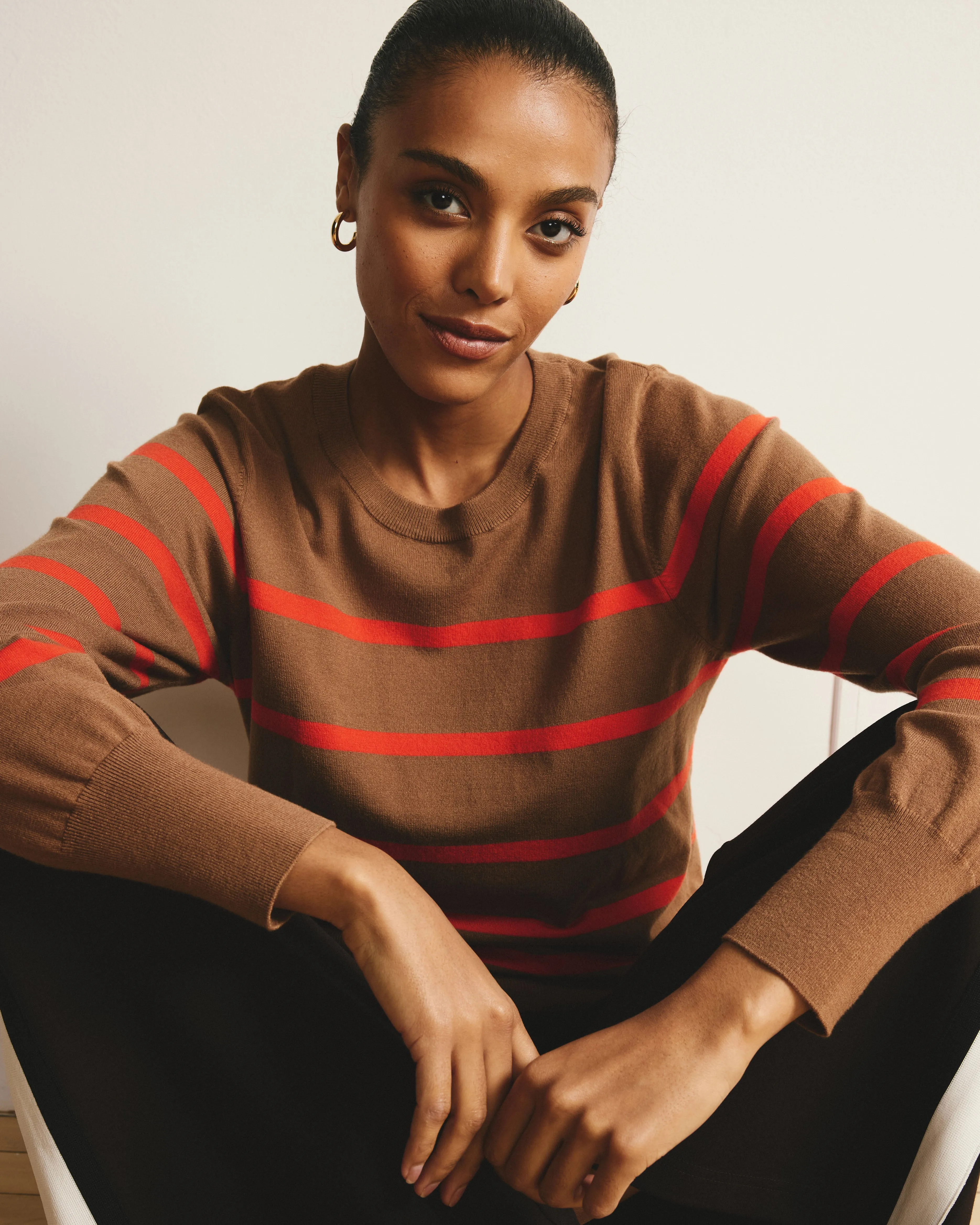 Savvy Fine Knit Crew Sweater - Classic Camel/Poppy Stripe sold by Universal Standard product image thumbnail 2